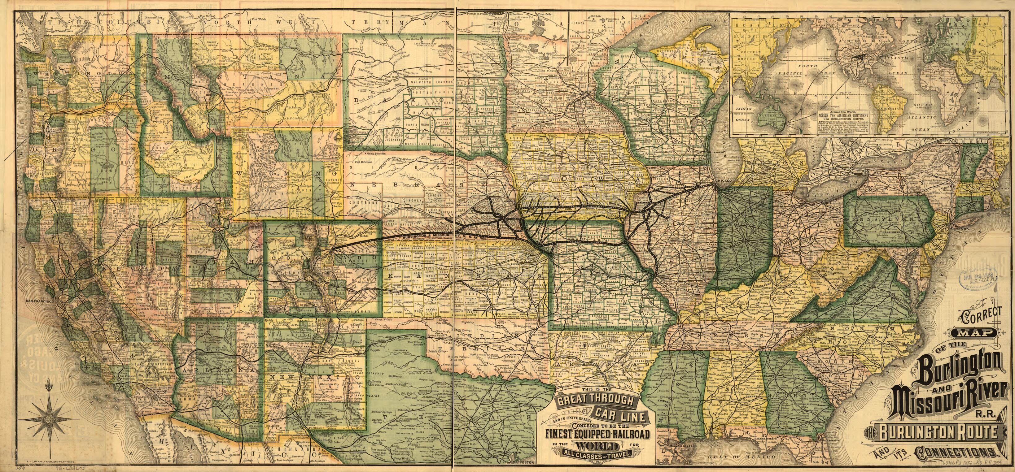 This old map of Correct Map of the Burlington and Missouri River R.R., the Burlington Route and Its Connections from 1882 was created by Burlington and Missouri River Railroad Company, Rand McNally and Company in 1882