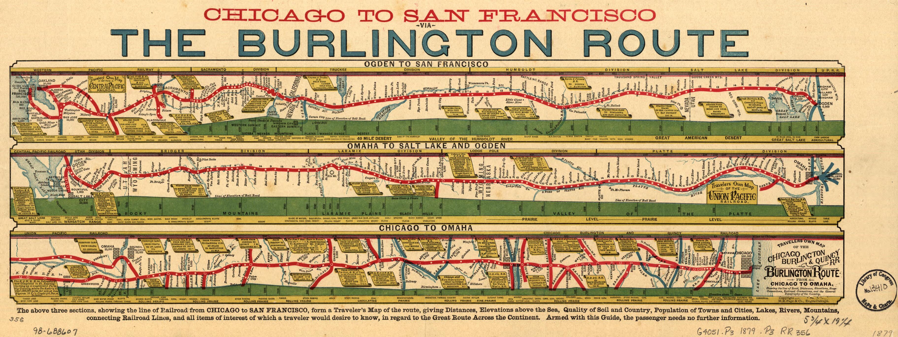 This old map of Chicago to San Franciso Via the Burlington Route from 1879 was created by Burlington & Quincy Railroad Company Chicago, H.R. Page & Co in 1879