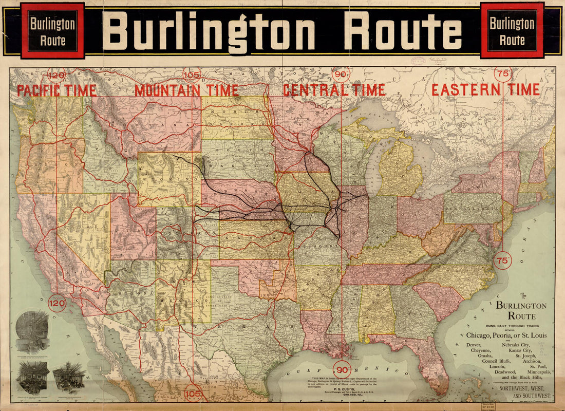 This old map of Burlington Route from 1892 was created by Burlington & Quincy Railroad Company Chicago, Rand McNally and Company in 1892
