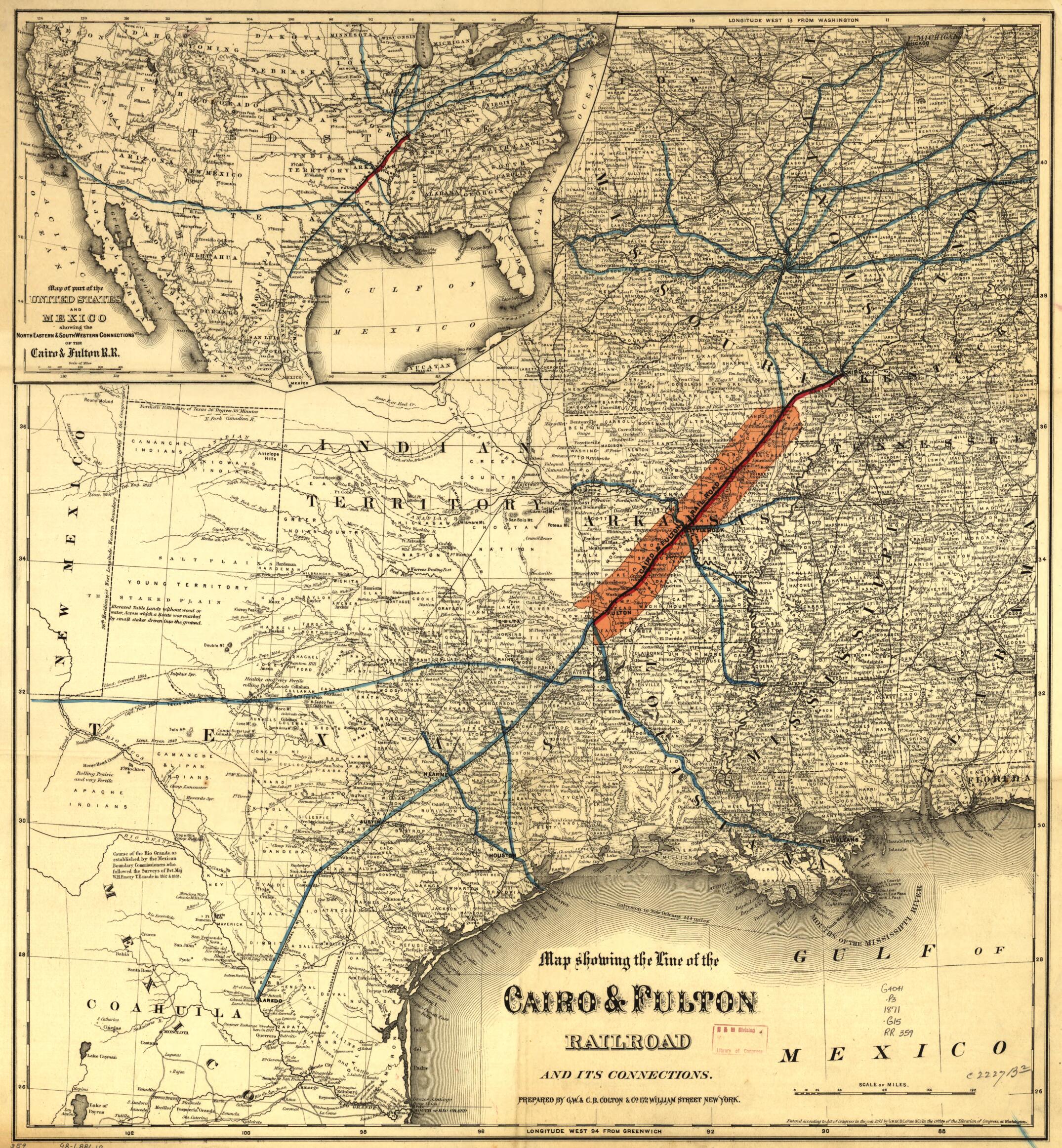 This old map of Map Showing the Line of the Cairo & Fulton Railroad and Its Connections from 1871 was created by Cairo and Fulton Railroad Company, G.W. & C.B. Colton & Co in 1871