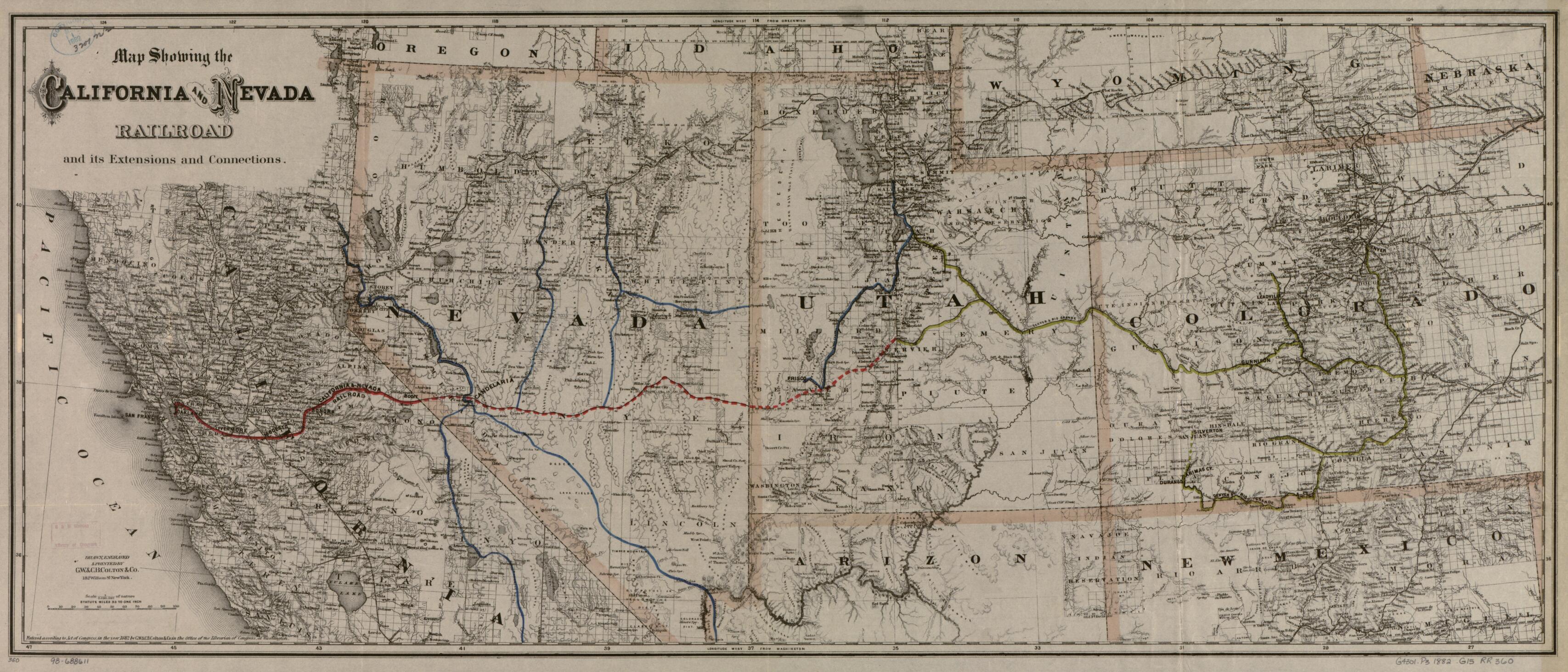 This old map of Map Showing the California and Nevada Railroad and Its Extensions and Connections from 1882 was created by California and Nevada Railroad, G.W. & C.B. Colton & Co in 1882