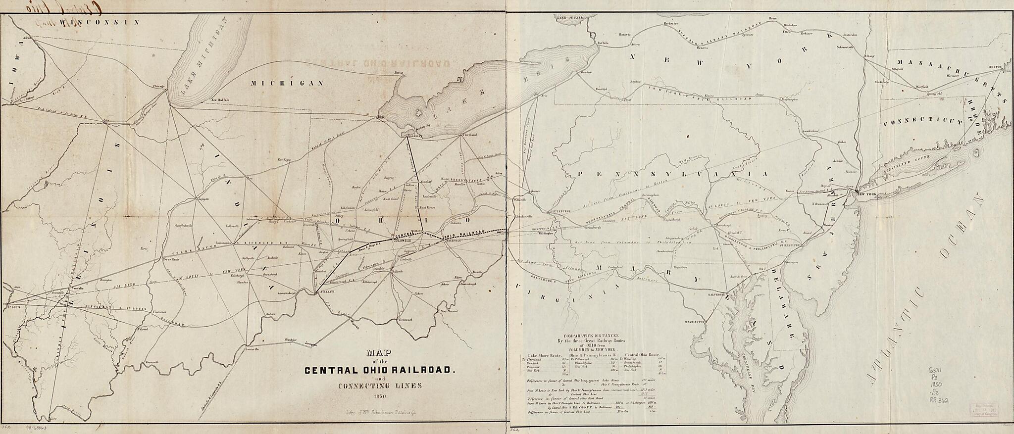 This old map of Map of the Central Ohio Railroad and Connecting Lines from 1850 was created by Central Ohio Railroad Company, William Schuchman in 1850