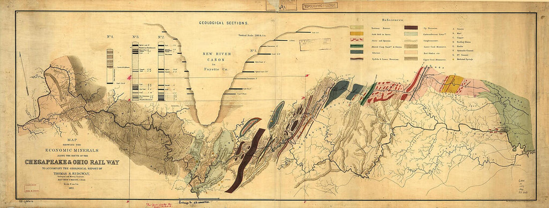 This old map of Map Showing the Economic Minerals Along the Route of the Chesapeake & Ohio Rail Way to Accompany the Geological Report of Thomas S. Ridgway from 1872 was created by Chesapeake and Ohio Railroad Company, Matthew Fontaine Maury, Thomas S.