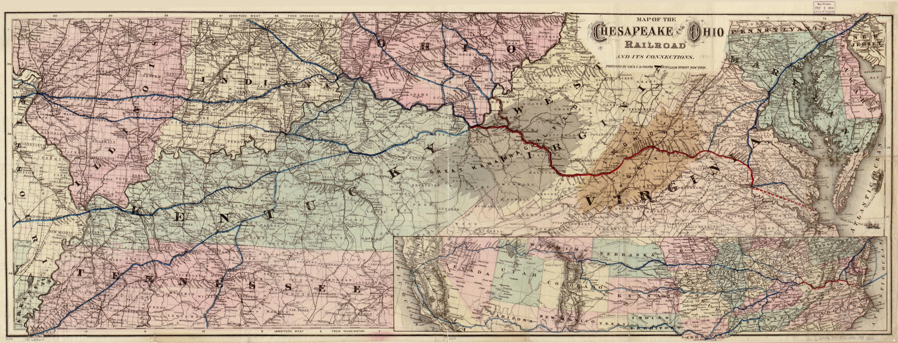 This old map of Map of the Chesapeake and Ohio Railroad and Its Connections from 1873 was created by Chesapeake and Ohio Railroad Company, G.W. & C.B. Colton & Co in 1873