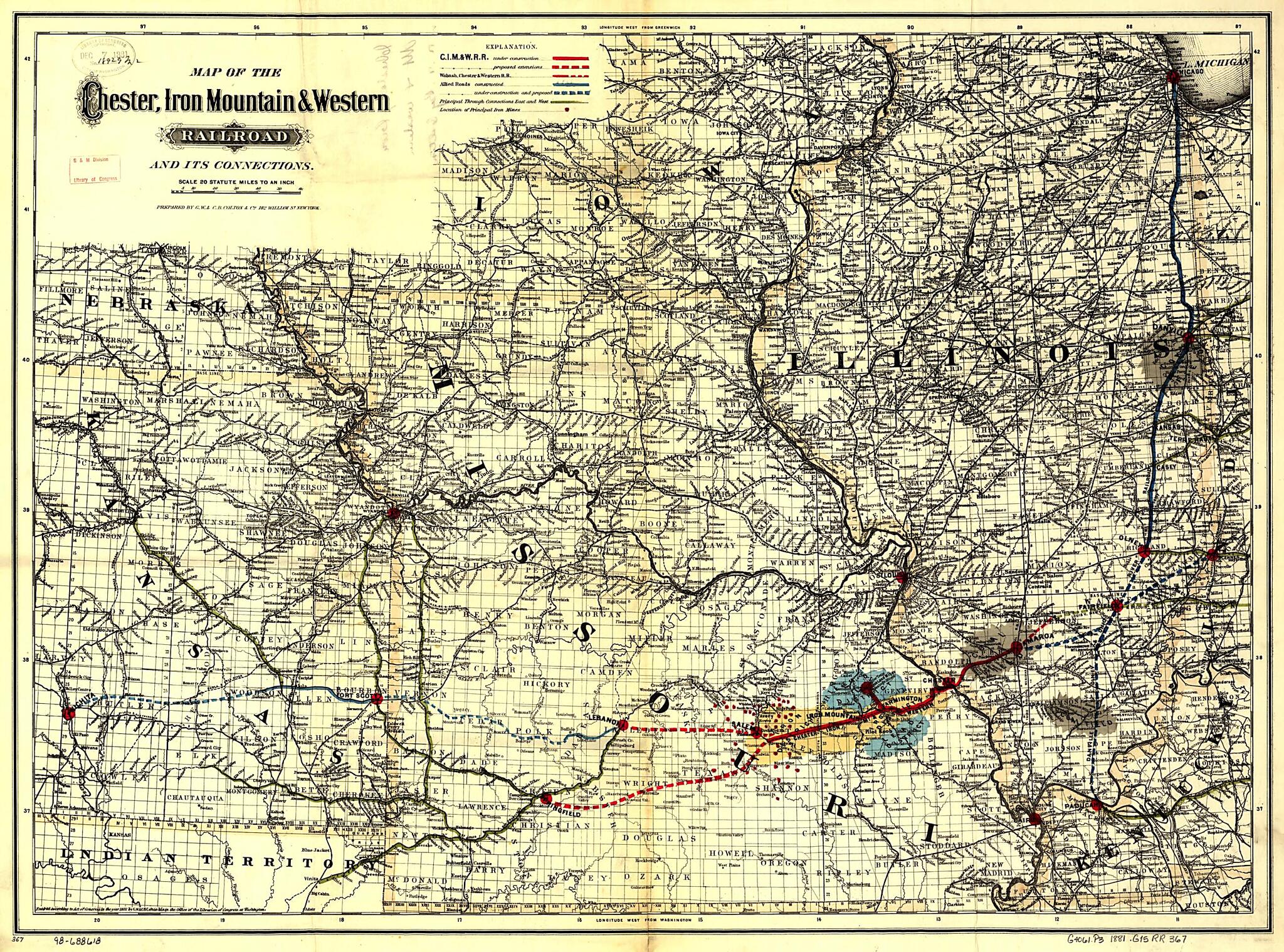 This old map of Map of the Chester, Iron Mountain & Western Railroad and Its Connections from 1881 was created by Iron Mountain Chester, G.W. & C.B. Colton & Co in 1881