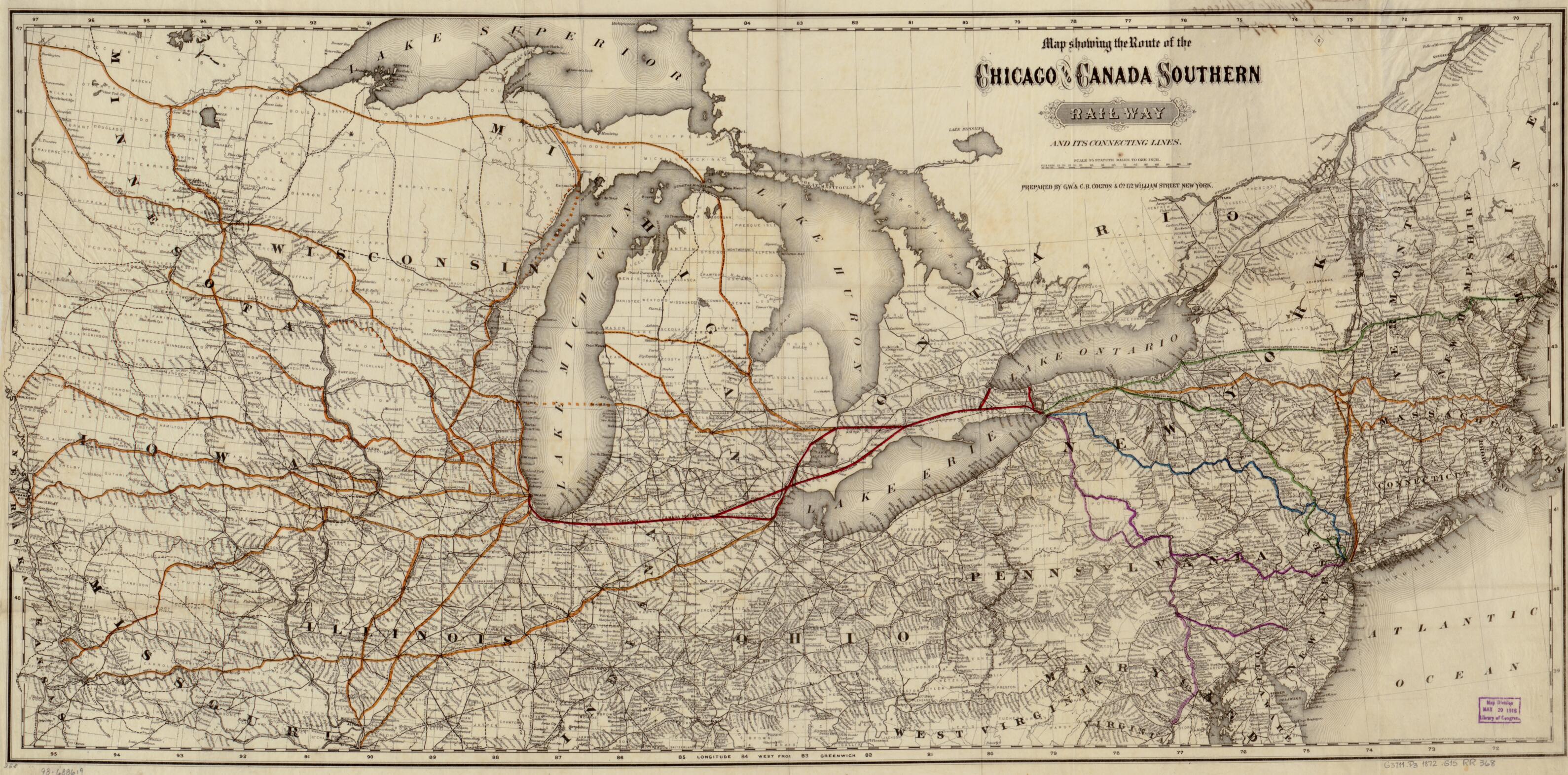 This old map of Map Showing the Route of the Chicago and Canada Southern Railway and Its Connecting Lines from 1872 was created by Chicago and Canada Southern Railway Company, G.W. & C.B. Colton & Co in 1872
