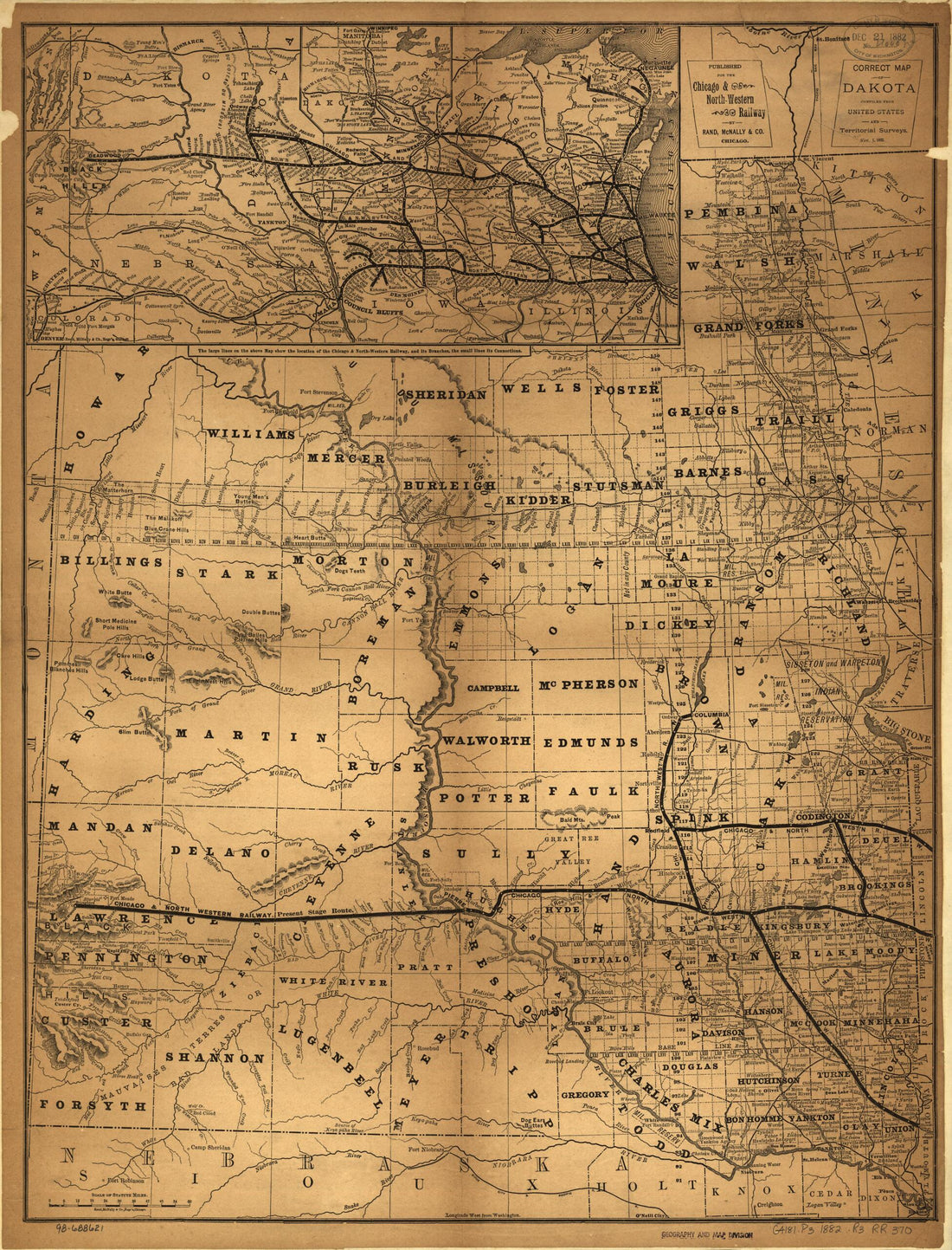 This old map of Correct Map of Dakota Compiled from United States and Territorial Surveys Nov. 1, from 1882 was created by Chicago and North Western Railway Company, Rand McNally and Company in 1882