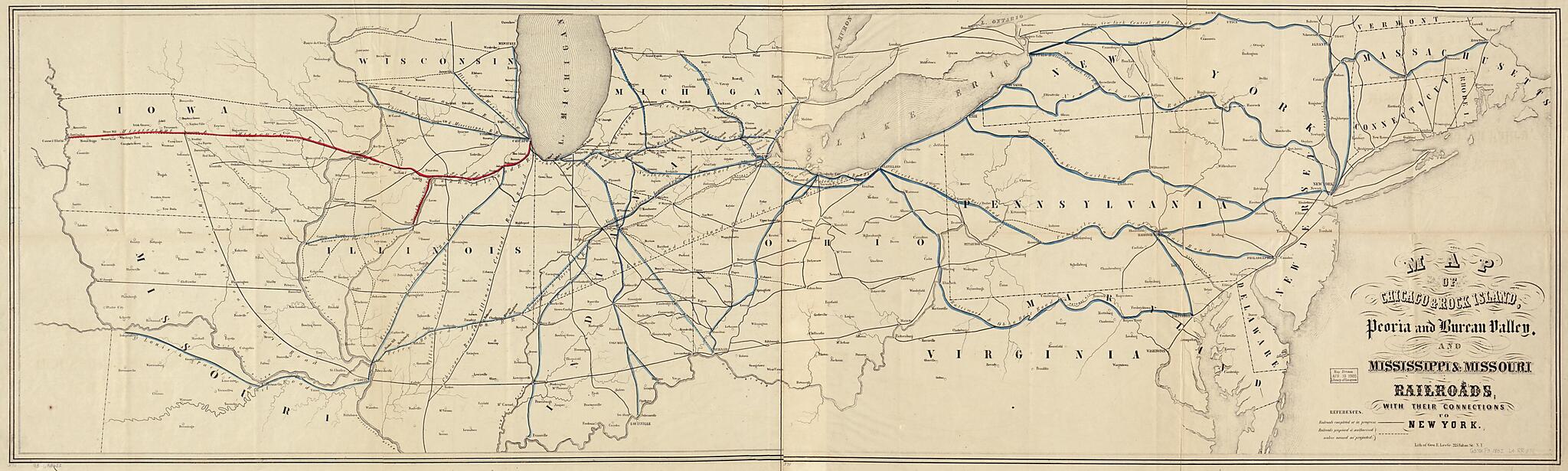 This old map of Map of Chicago & Rock Island, Peoria and Bureau Valley, and Mississippi & Missouri Railroads; With Their Connections to New York from 1852 was created by Chicago and Rock Island Railroad Company, George E. Leefe in 1852