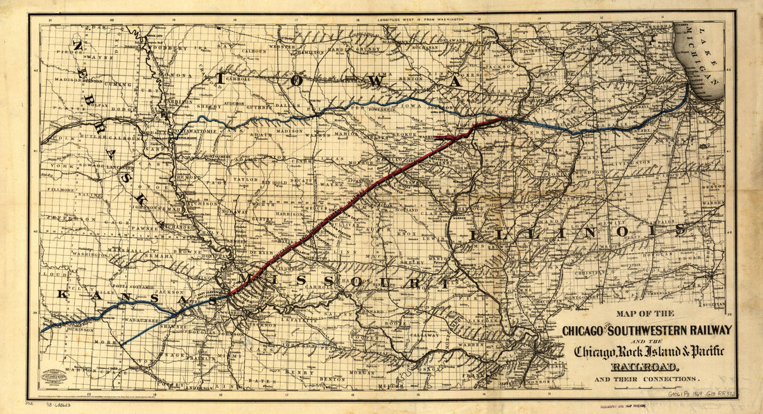 This old map of Map of the Chicago and Southwestern Railway and the Chicago, Rock Island & Pacific Railroad and Their Connections from 1869 was created by Chicago and Southwestern Railway Company, G.W. & C.B. Colton & Co in 1869