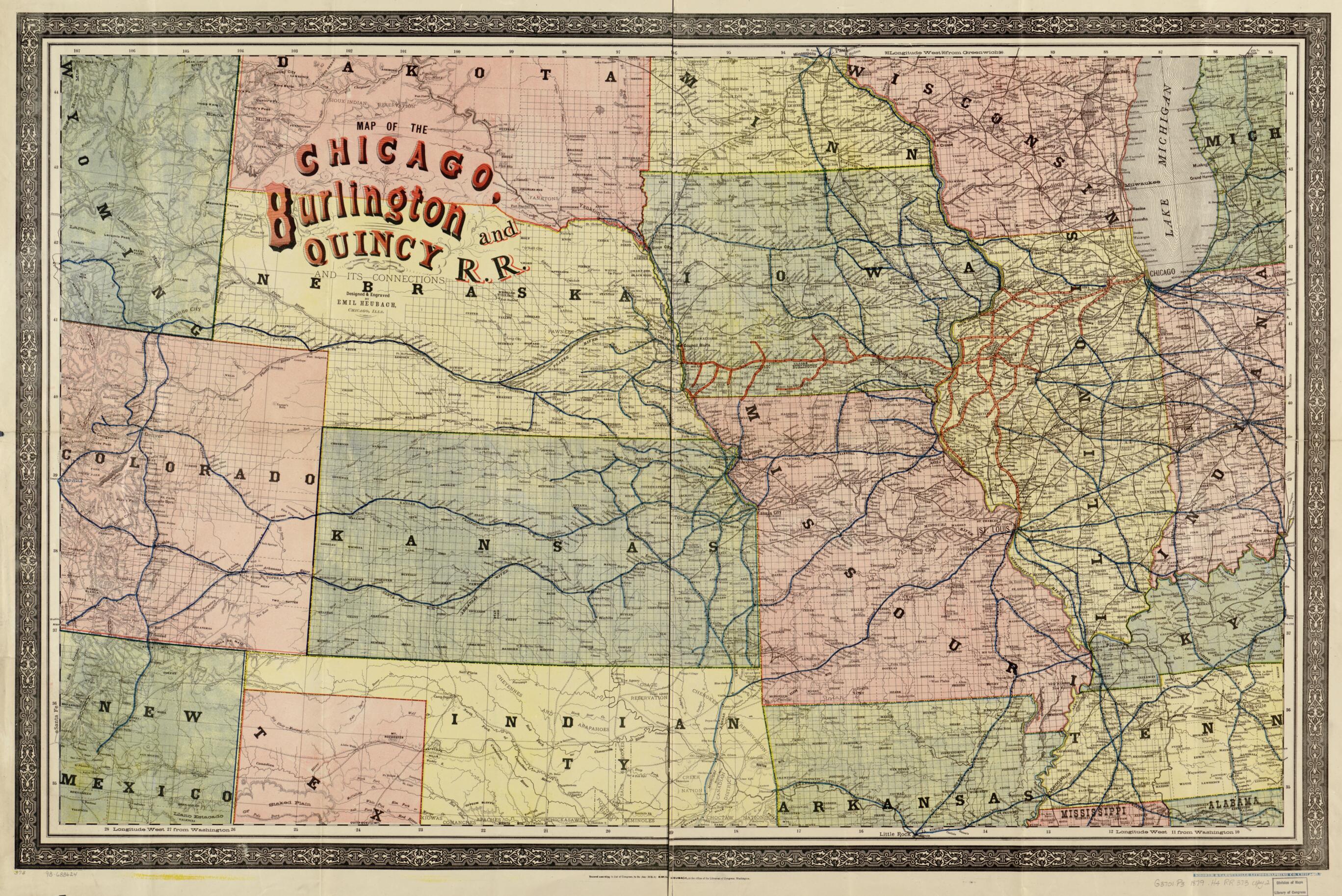 This old map of Map of the Chicago, Burlington and Quincy R.R from 1879 was created by Burlington & Quincy Railroad Company Chicago, Emil Heubach in 1879