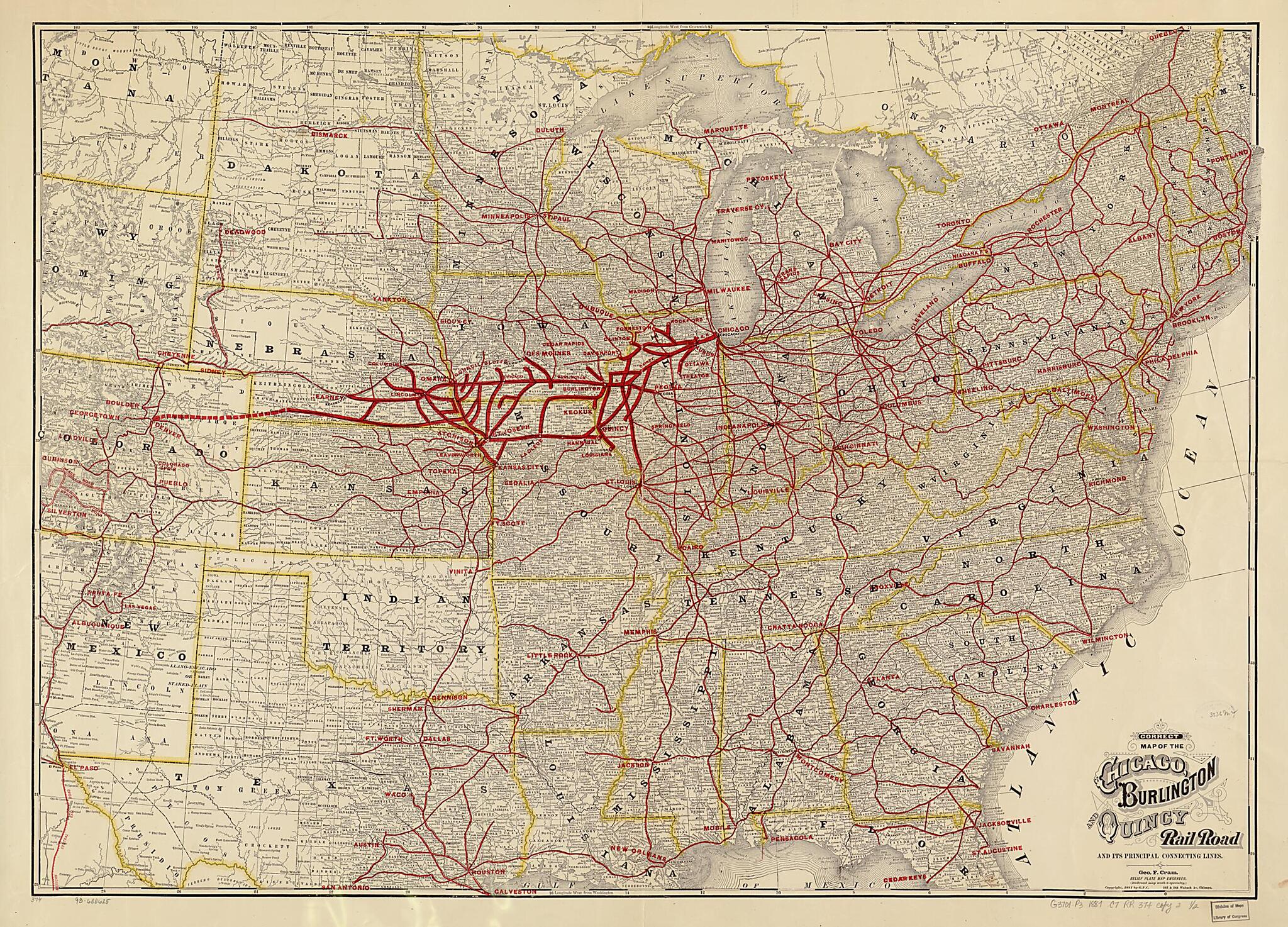 This old map of Correct Map of the Chicago, Burlington, and Quincy Rail Road and Its Principal Connecting Lines from 1881 was created by Burlington & Quincy Railroad Company Chicago, George Franklin Cram in 1881