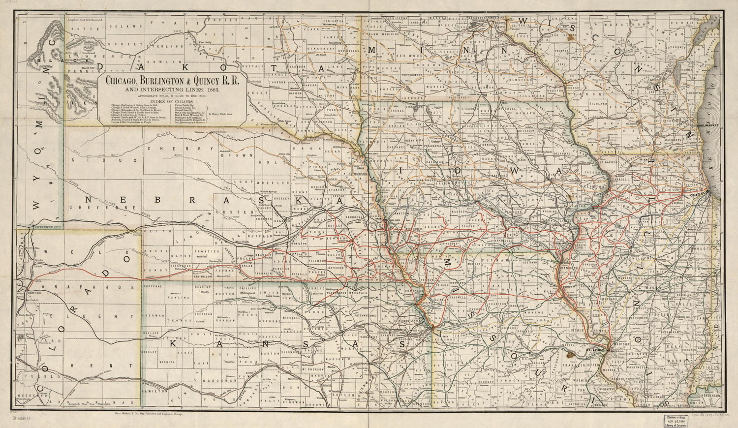 This old map of Chicago, Burlington & Quincy R.R. and Intersecting Lines, from 1883 was created by Burlington & Quincy Railroad Company Chicago,  Rand McNally and Company in 1883