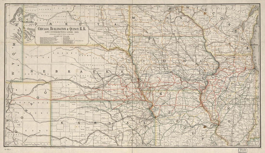 This old map of Chicago, Burlington & Quincy R.R. and Intersecting Lines, from 1883 was created by Burlington & Quincy Railroad Company Chicago, Rand McNally and Company in 1883