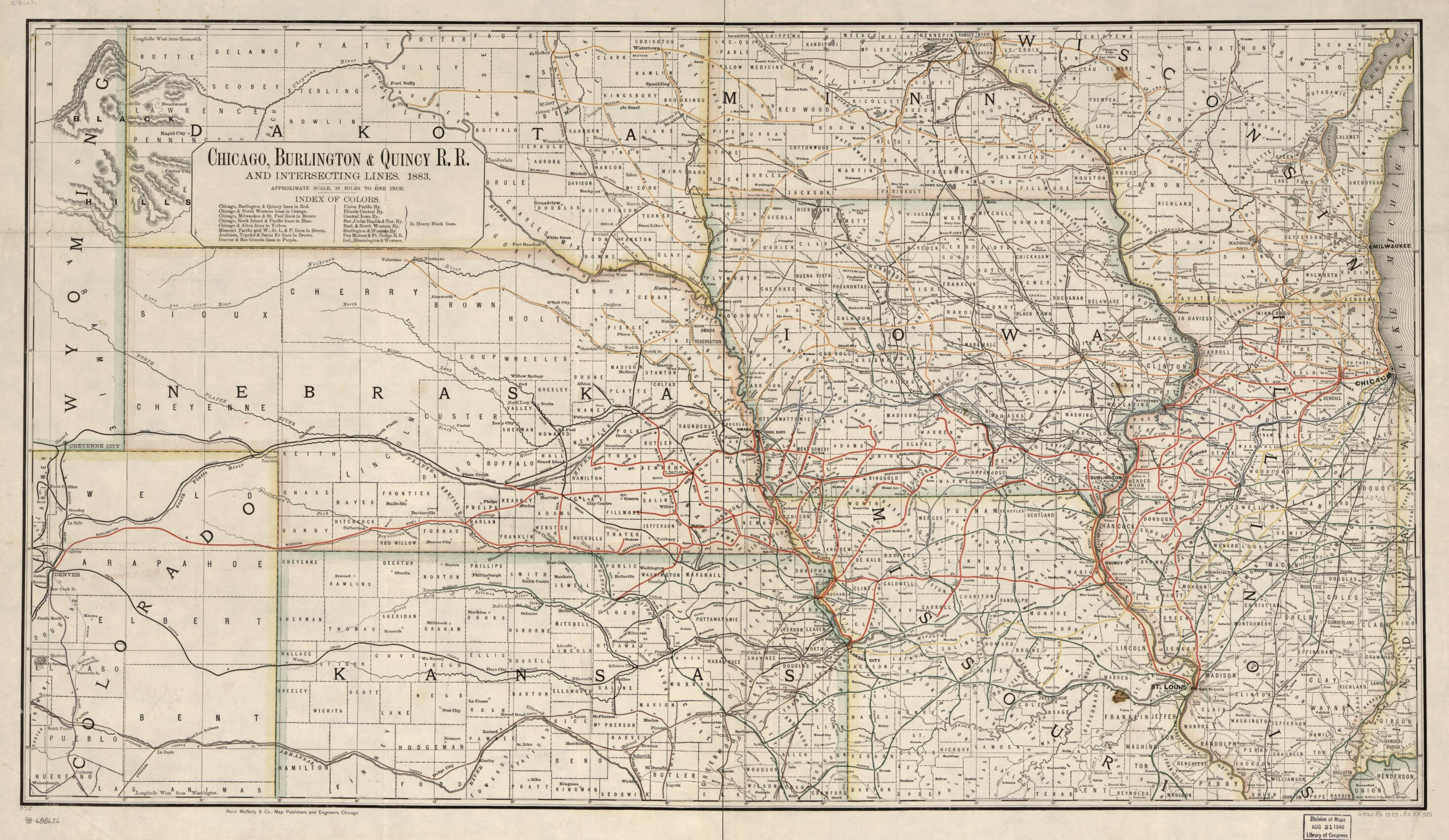 This old map of Chicago, Burlington & Quincy R.R. and Intersecting Lines, from 1883 was created by Burlington & Quincy Railroad Company Chicago, Rand McNally and Company in 1883