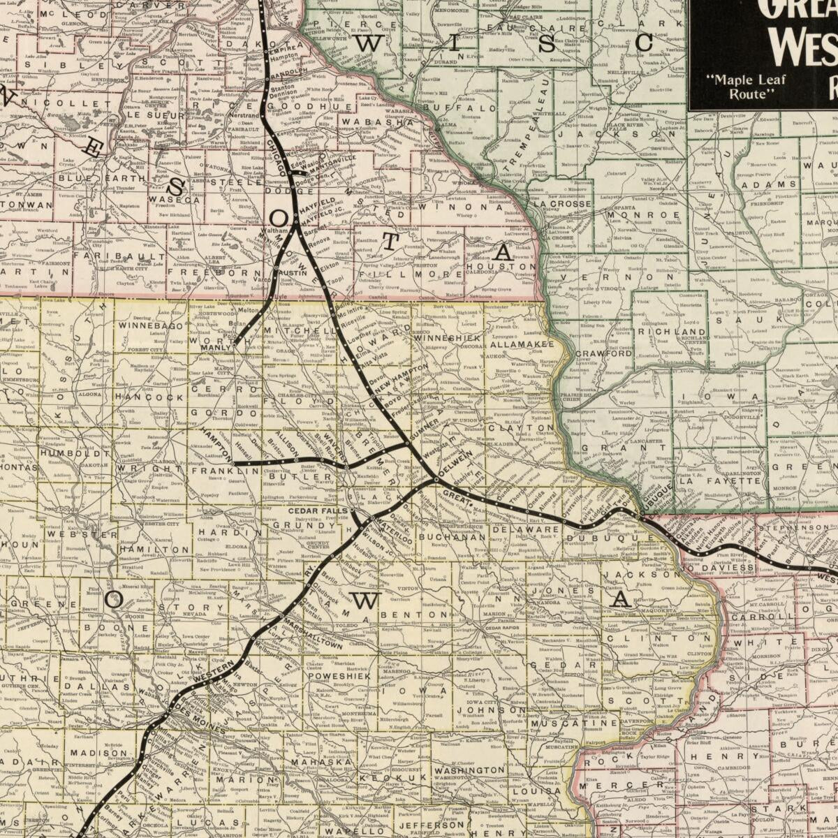 This old map of Chicago Great Western Railway Maple Leaf Route. from 1897 was created by  Chicago Great Western Railway Company,  Poole Brothers in 1897