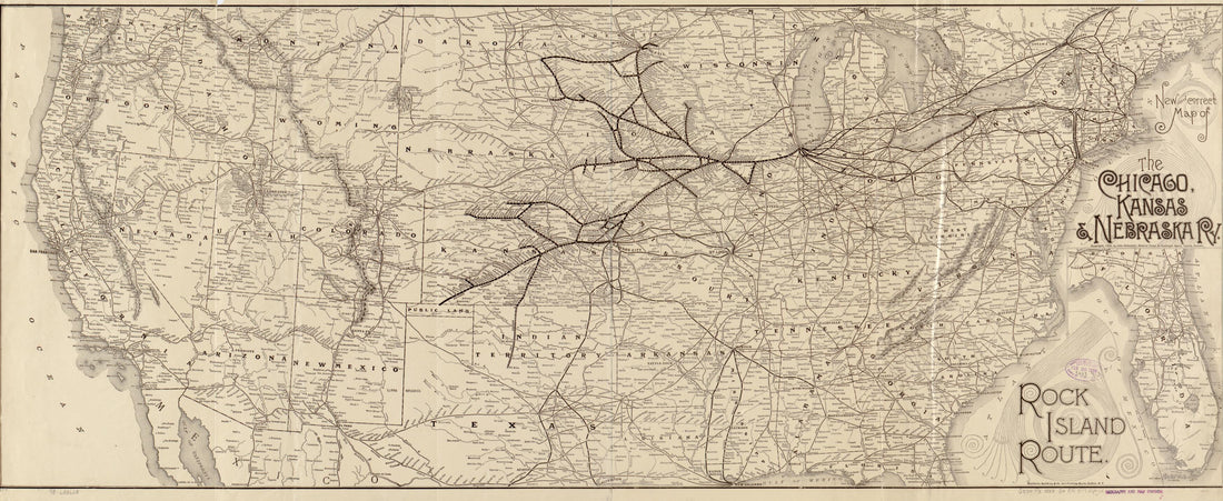 This old map of New and Correct Map of the Chicago, Kansas & Nebraska Ry. Rock Island Route from 1888 was created by Kansas Chicago, John Sebastian in 1888