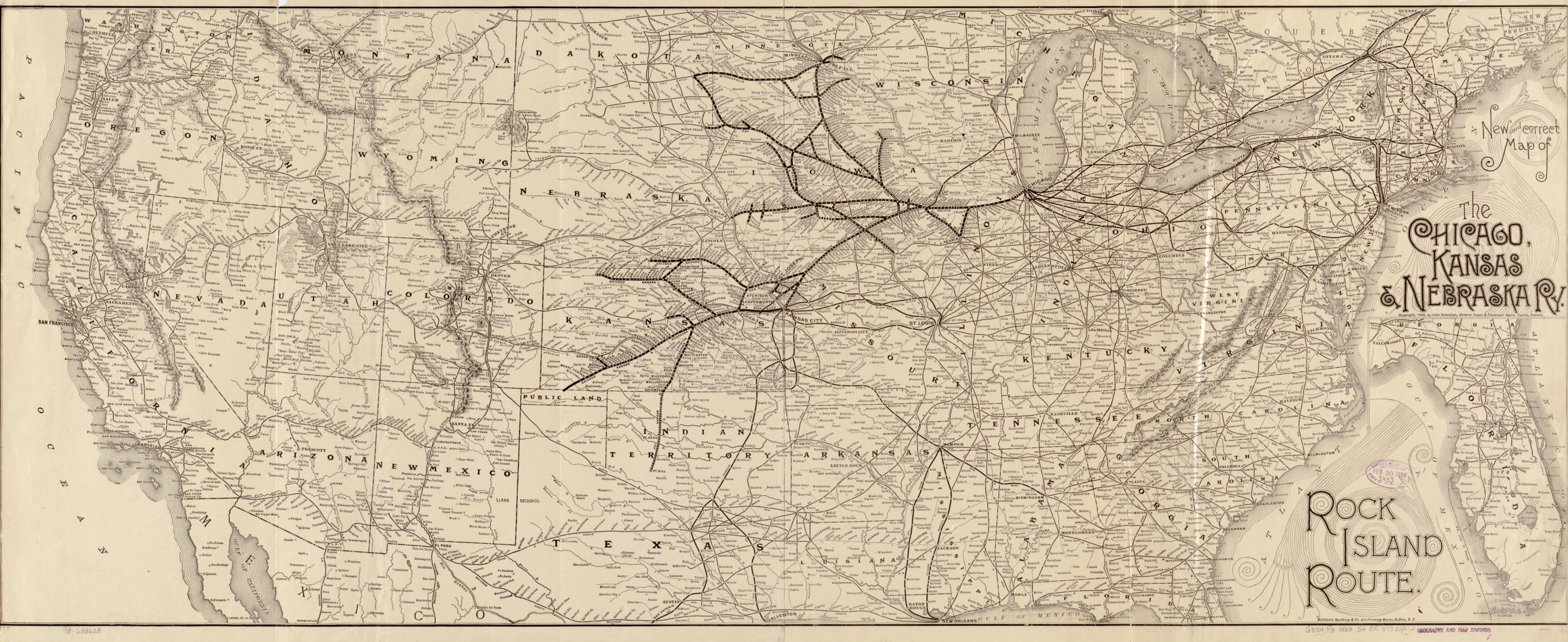 This old map of New and Correct Map of the Chicago, Kansas & Nebraska Ry. Rock Island Route from 1888 was created by Kansas Chicago, John Sebastian in 1888