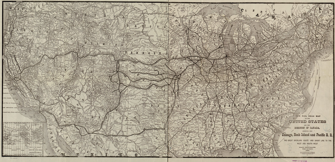 This old map of West from 1879 was created by Rock Island and Pacific Railroad Company Chicago, Emil Heubach in 1879