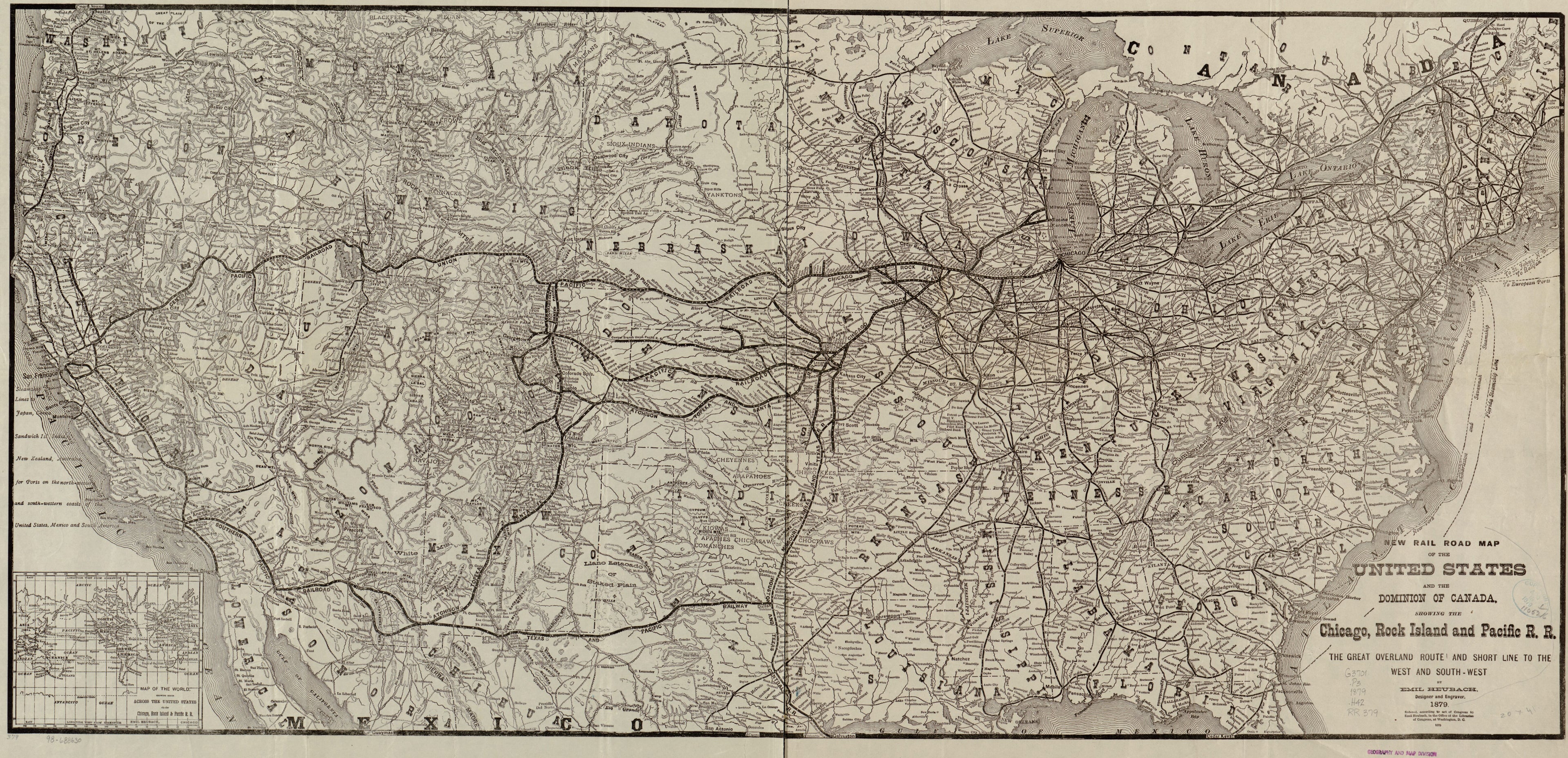This old map of West from 1879 was created by Rock Island and Pacific Railroad Company Chicago, Emil Heubach in 1879