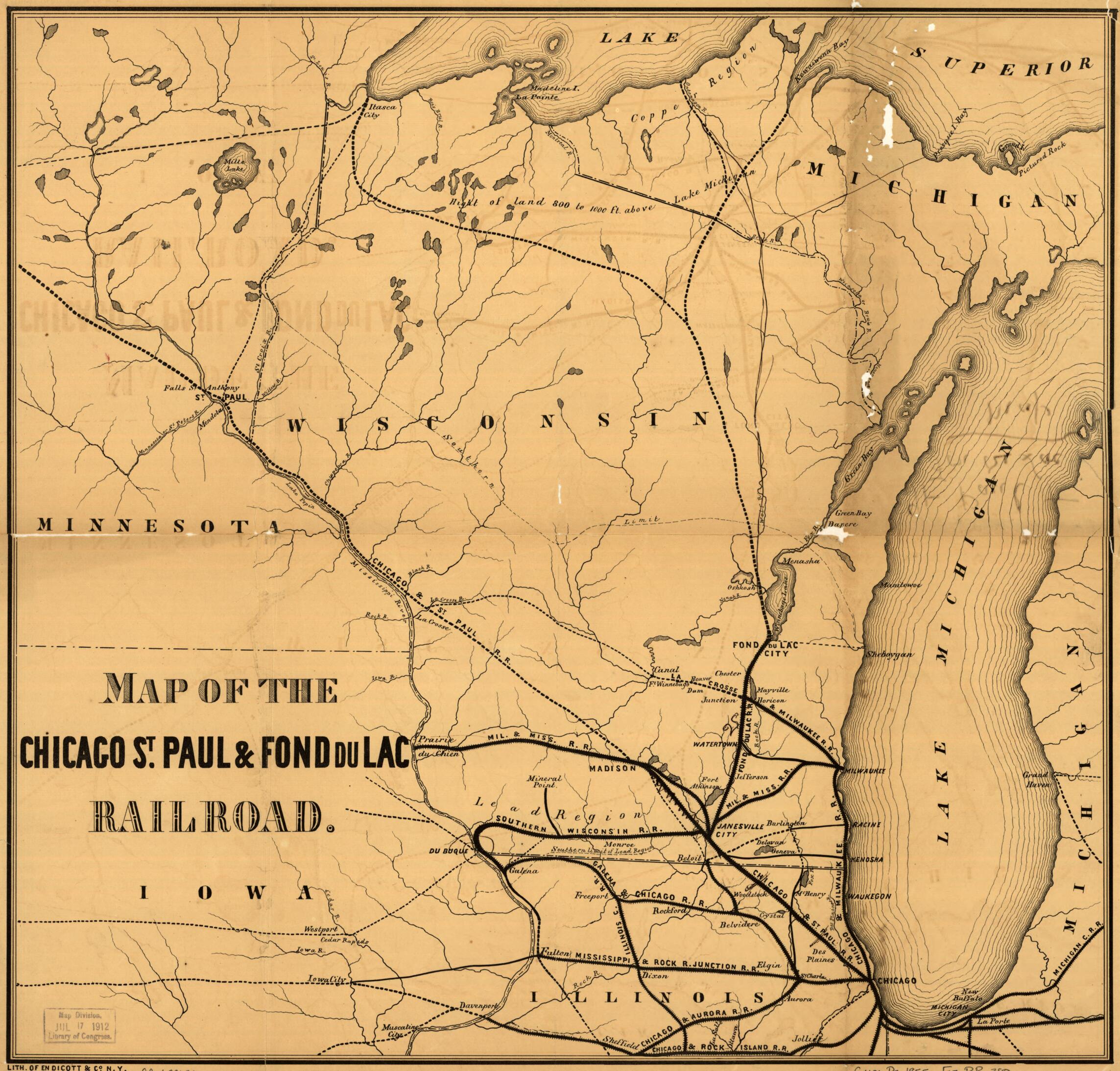 This old map of Map of the Chicago, St. Paul & Fond Du Lac Railroad from 1855 was created by Road Company, W. Endicott & Co in 1855