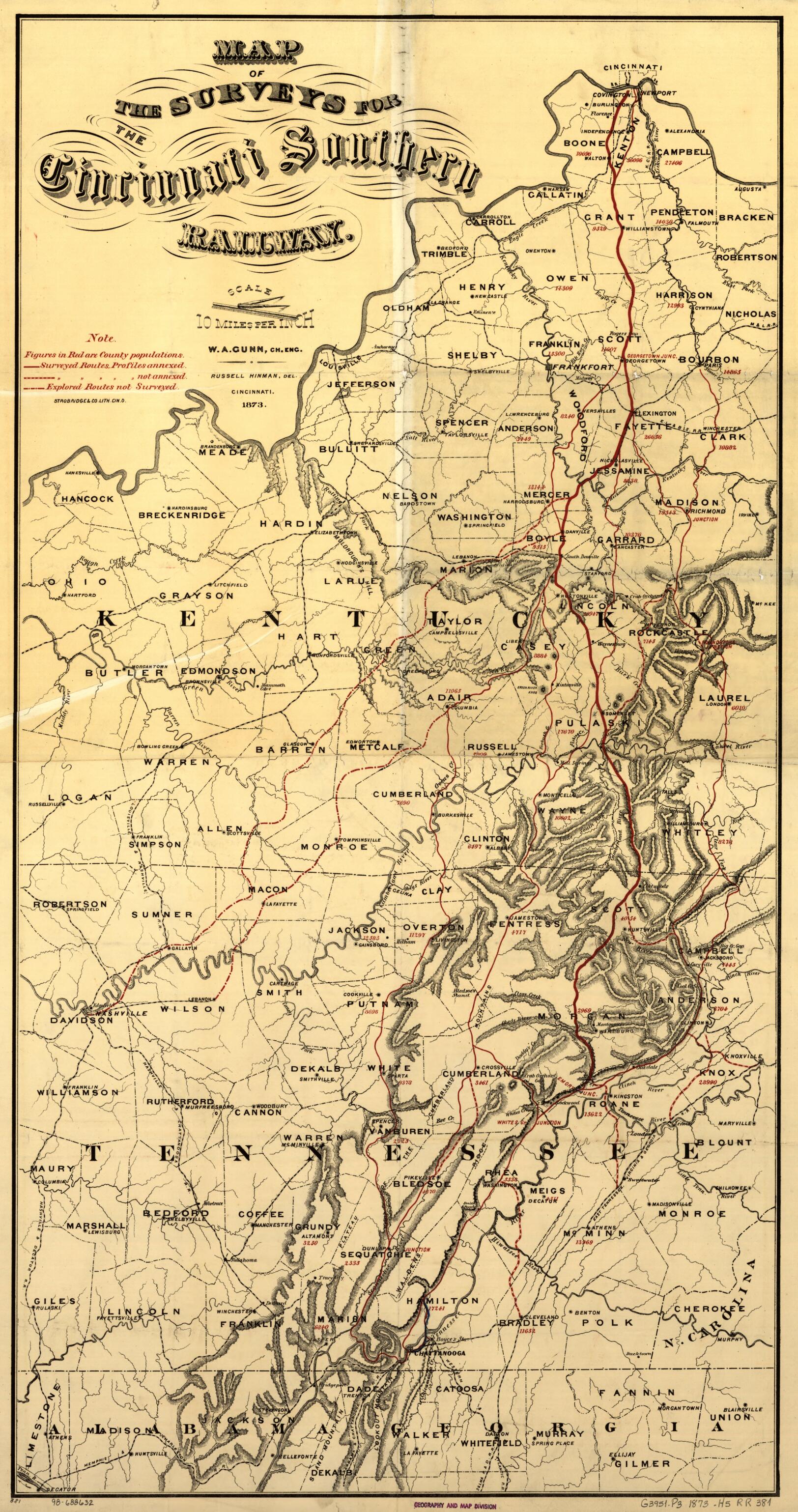 This old map of Map of the Surveys of the Cincinnati Railway, W.A. Gunn, Ch. Eng from 1873 was created by Cincinnati Railway, Russell Hinamn in 1873