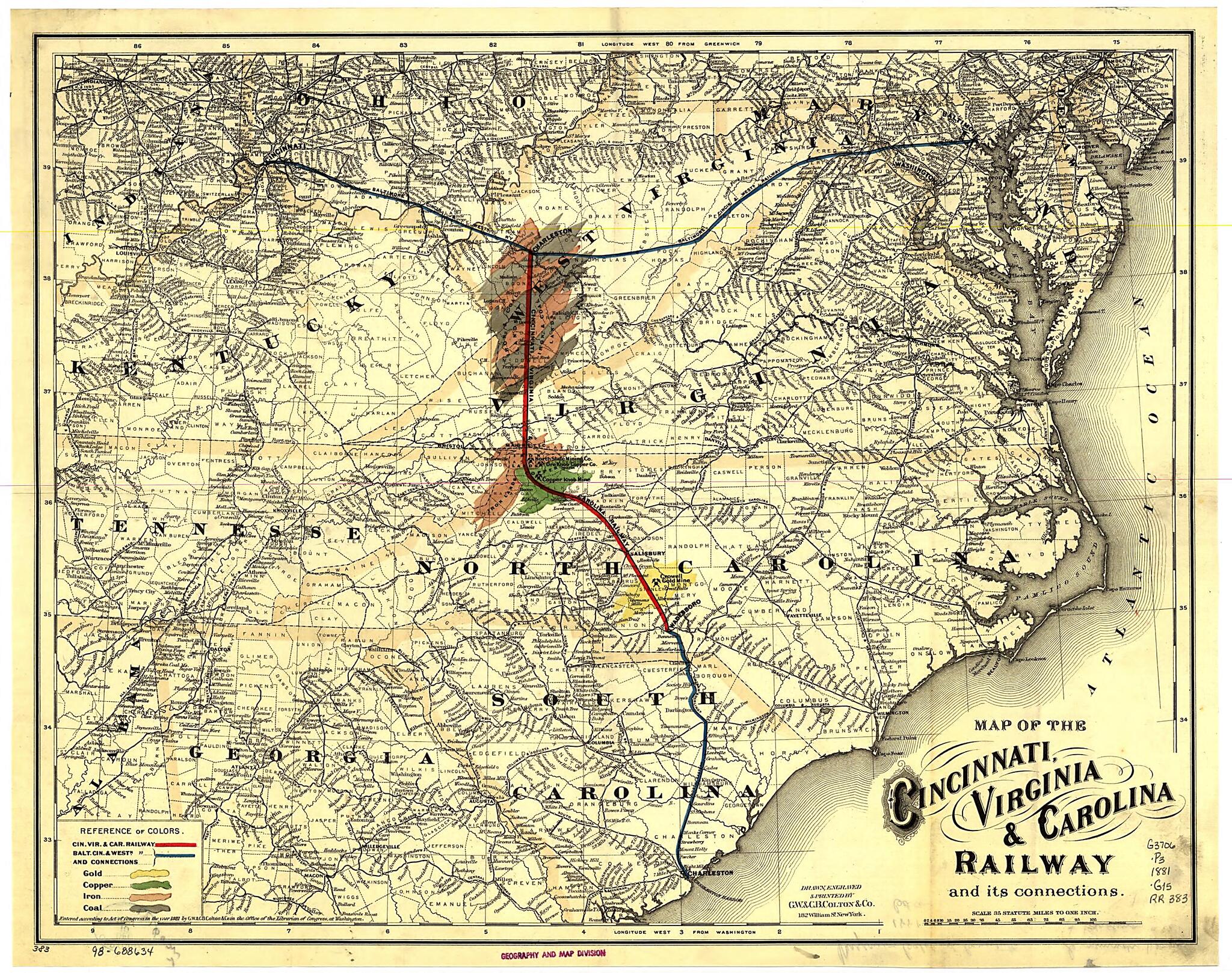 This old map of Map of the Cincinnati, Virginia, & Carolina Railway and Its Connection from 1881 was created by Virginia Cincinnati, G.W. & C.B. Colton & Co in 1881
