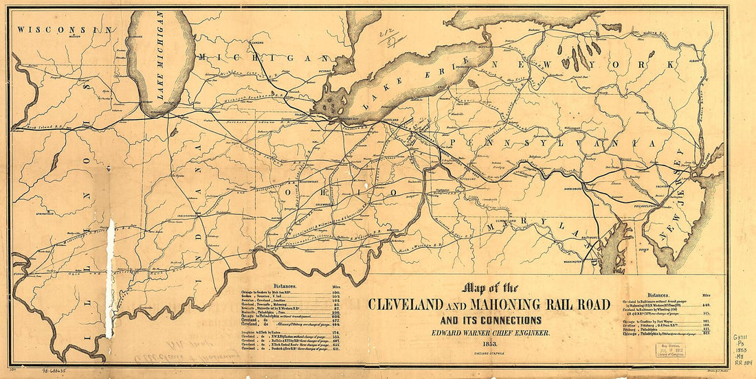 This old map of Map of the Cleveland and Mahoning Rail Road and Its Connections, Edward Warner Chief Engineer, from 1853 was created by Cleveland and Mahoning Rail Road Company, J. (John) Mueller in 1853