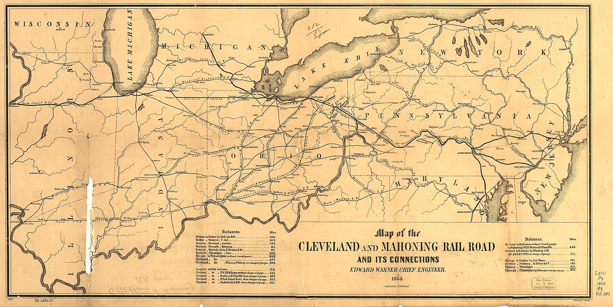 This old map of Map of the Cleveland and Mahoning Rail Road and Its Connections, Edward Warner Chief Engineer, from 1853 was created by Cleveland and Mahoning Rail Road Company, J. (John) Mueller in 1853