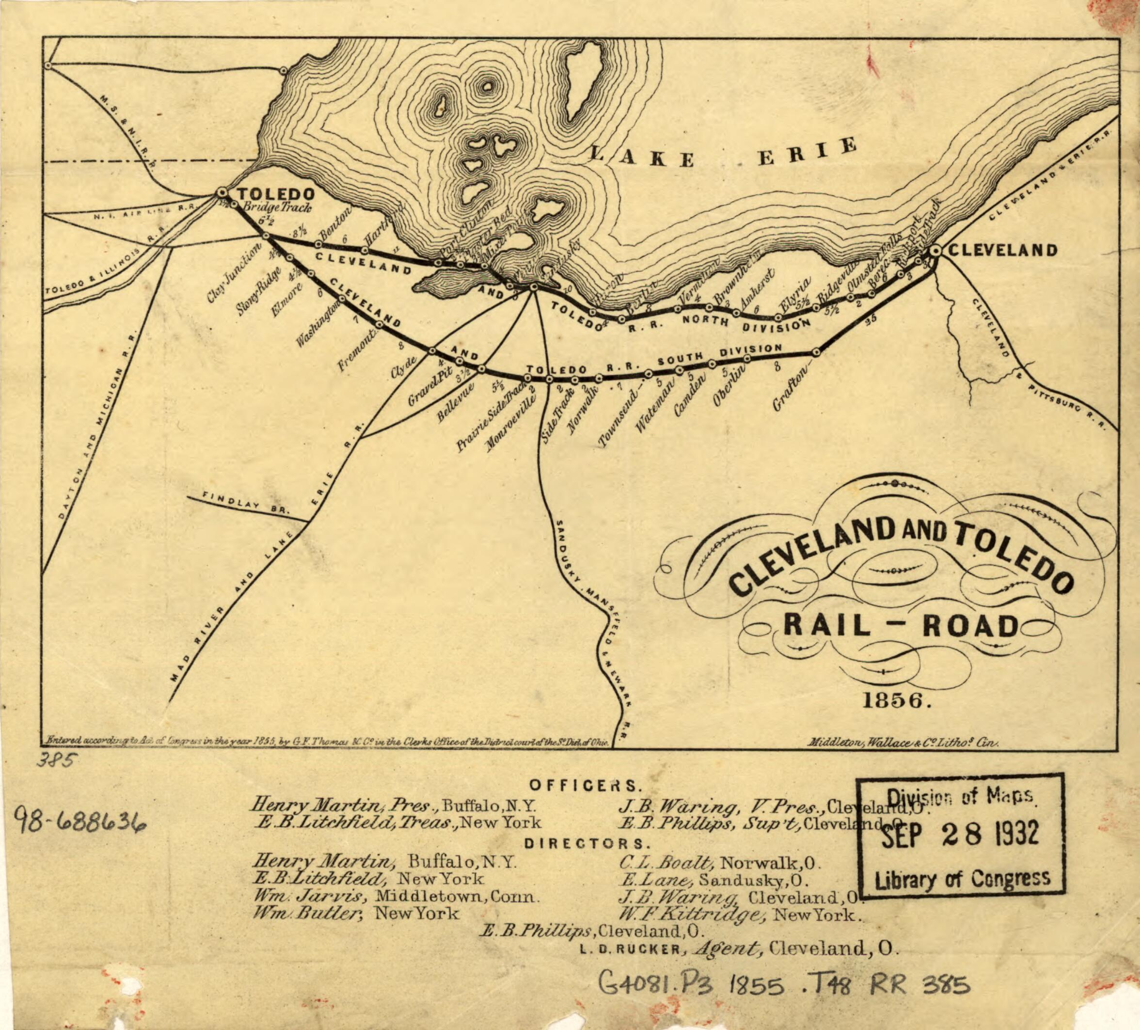 This old map of Road 1856 from 1855 was created by Cleveland & Toledo Railroad, G. F. Thomas & Co in 1855