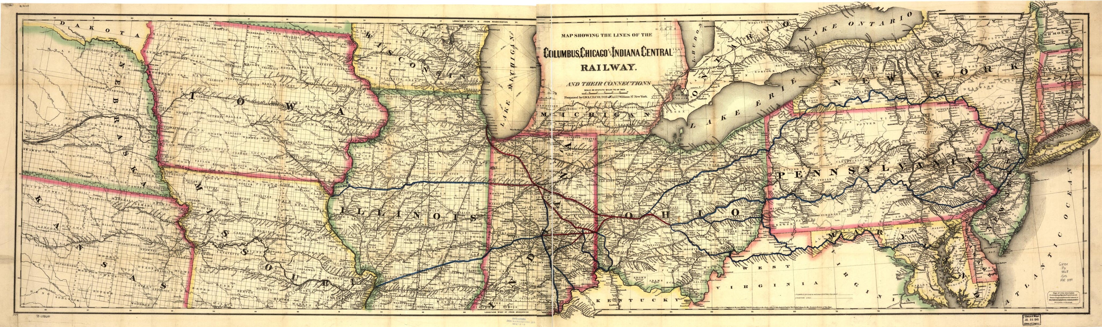 This old map of Map Showing the Lines of the Columbus, Chicago, and Indiana Central Railway, and Their Connections from 1868 was created by Chicago Columbus, G.W. & C.B. Colton & Co in 1868