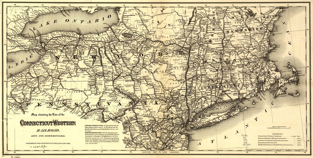This old map of Map Showing the Line of the Connecticut & Western Railroad and Its Connections from 1871 was created by Connecticut Western Railroad Co, G.W. & C.B. Colton & Co in 1871