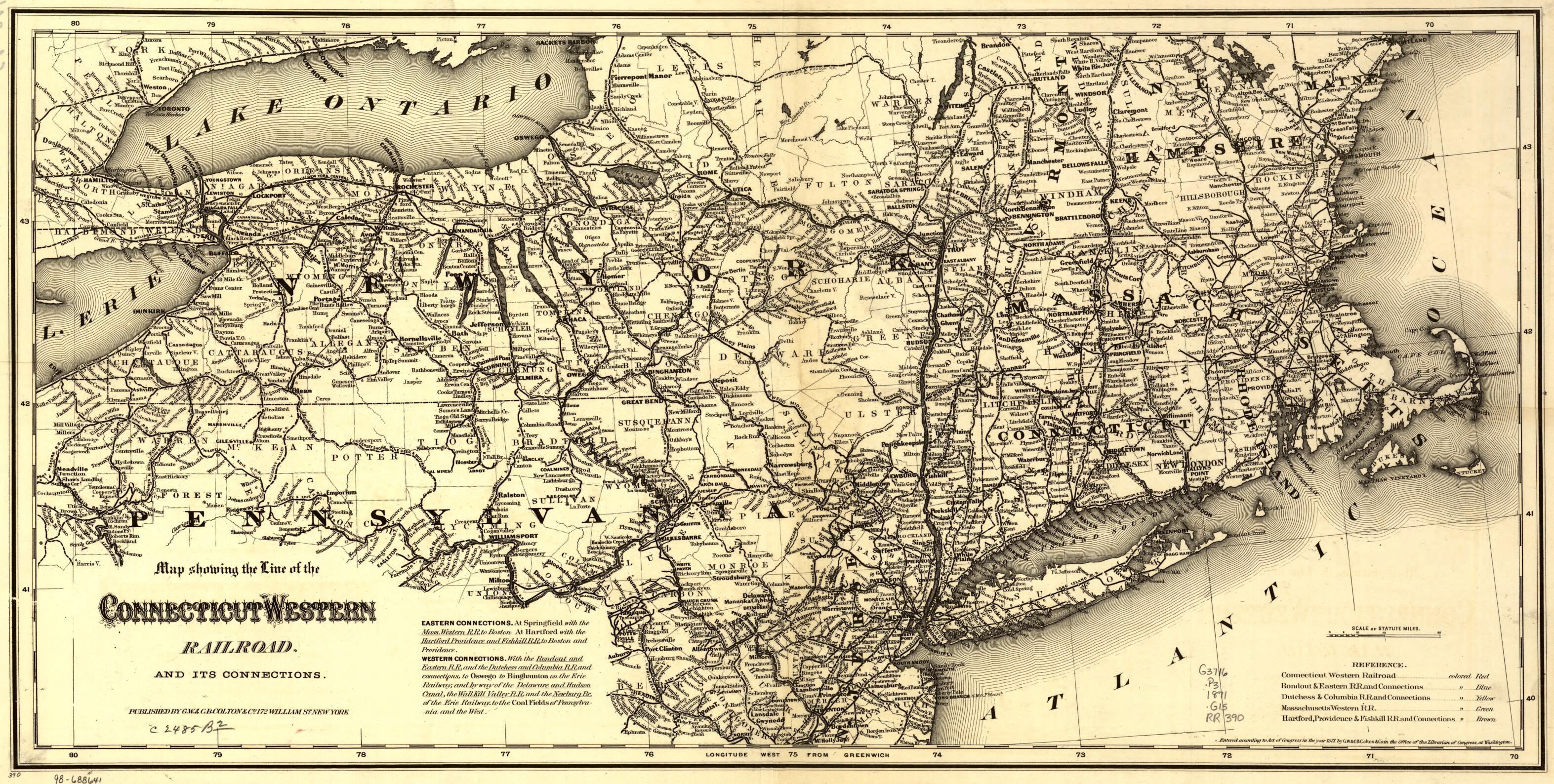 Map Showing the Line of the Connecticut & Western Railroad and Its Connections 1871 by Relic Map Company