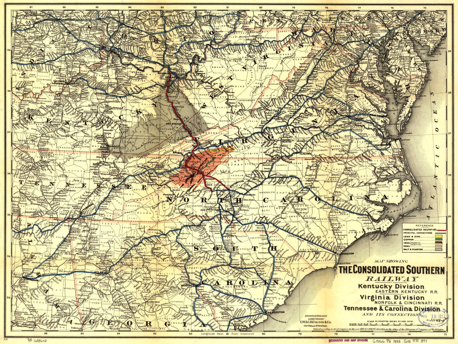 This old map of -Eastern Kentucky R.R. Virginia Division--Norfolk & Cincinnati R.R. Tennessee & Carolina Division and Its Connections from 1883 was created by  Consolidated Southern Railway,  G.W. & C.B. Colton & Co in 1883