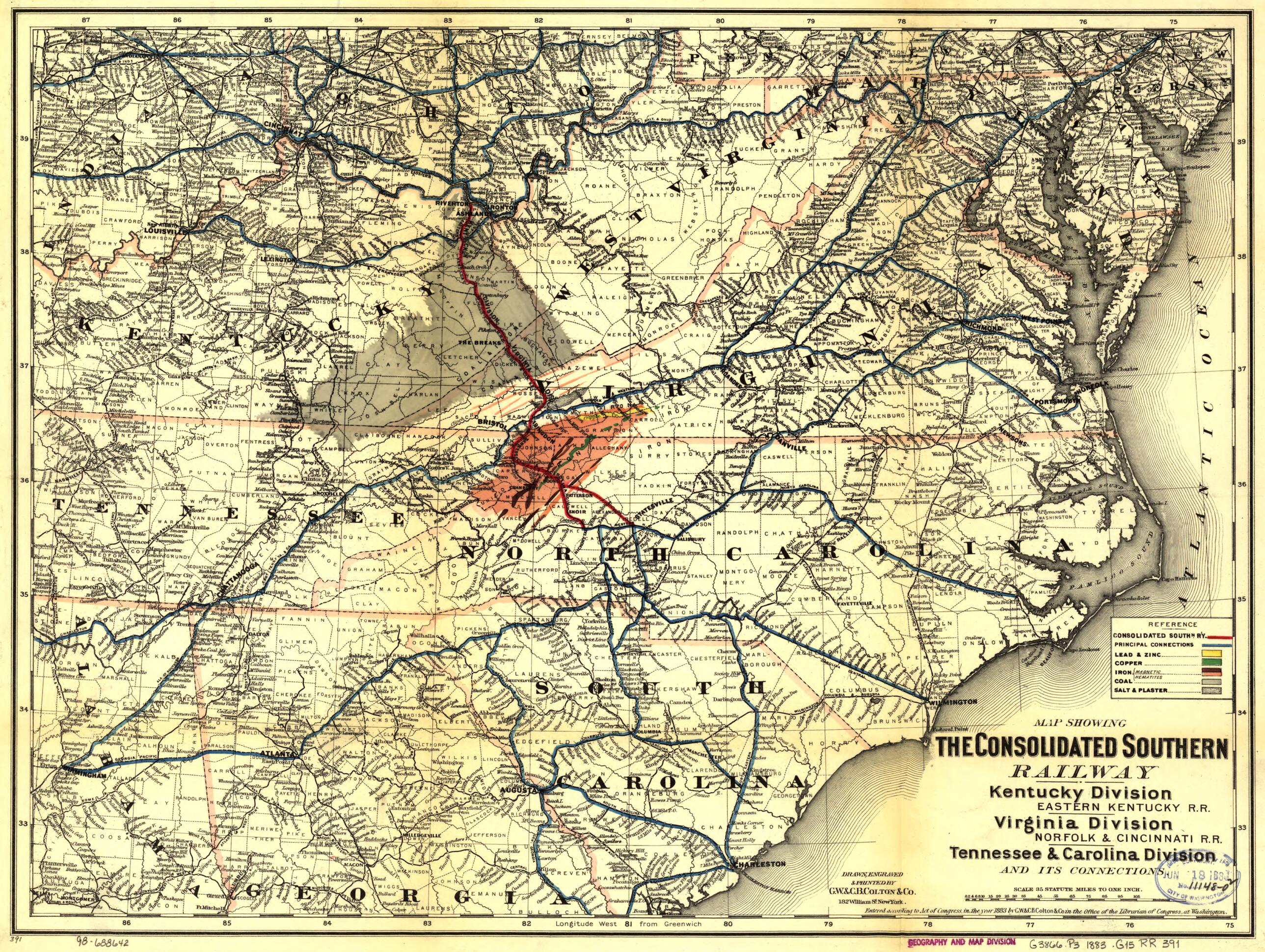 This old map of -Eastern Kentucky R.R. Virginia Division--Norfolk & Cincinnati R.R. Tennessee & Carolina Division and Its Connections from 1883 was created by  Consolidated Southern Railway,  G.W. & C.B. Colton & Co in 1883