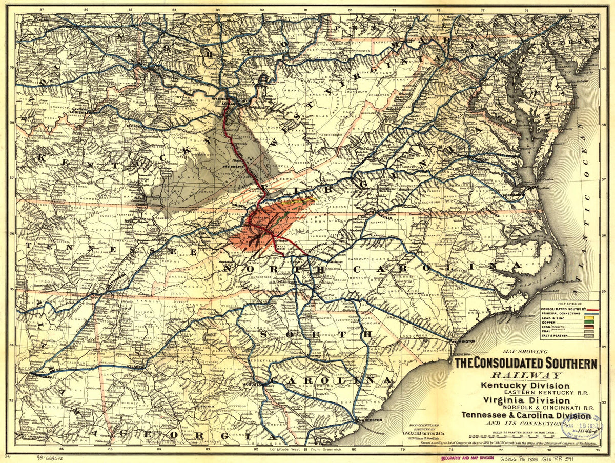 Eastern Kentucky R.R. Virginia Division--Norfolk & Cincinnati R.R. Tennessee & Carolina Division and Its Connections 1883 by Relic Map Company