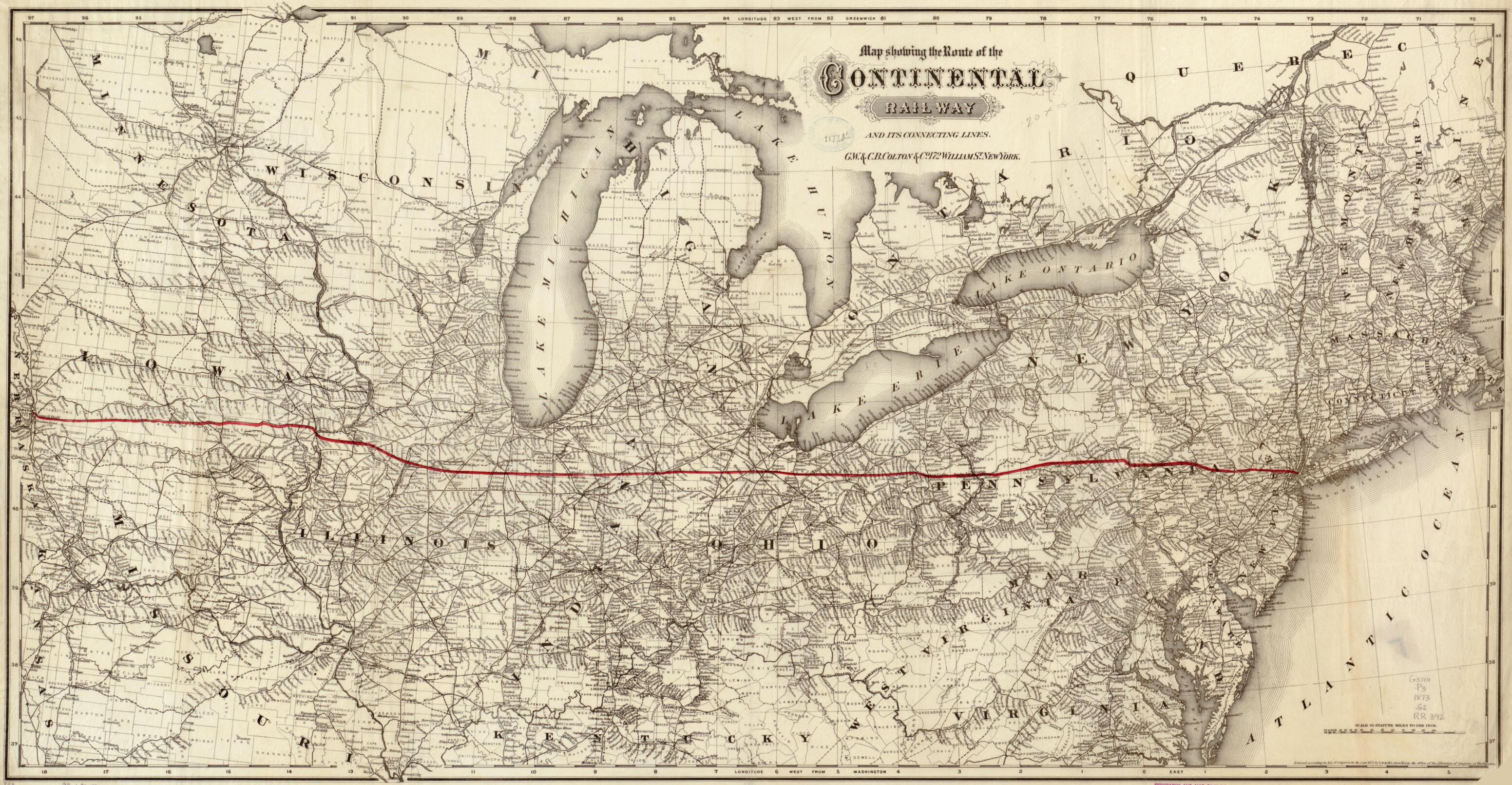 This old map of Map Showing the Route of the Continental Railway and Its Connecting Lines from 1873 was created by Continental Railway, G.W. & C.B. Colton & Co in 1873