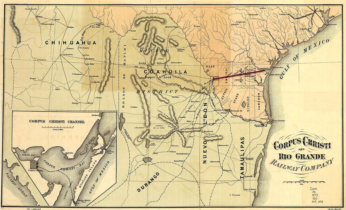 This old map of Corpus Christi and Rio Grande Railway Company, map Showing the Proposed Railroad Between Laredo and Corpus Christi and Its Connections With Mexico from 1873 was created by Julius Bien, Corpus Christi and Rio Grande Railway in 1873