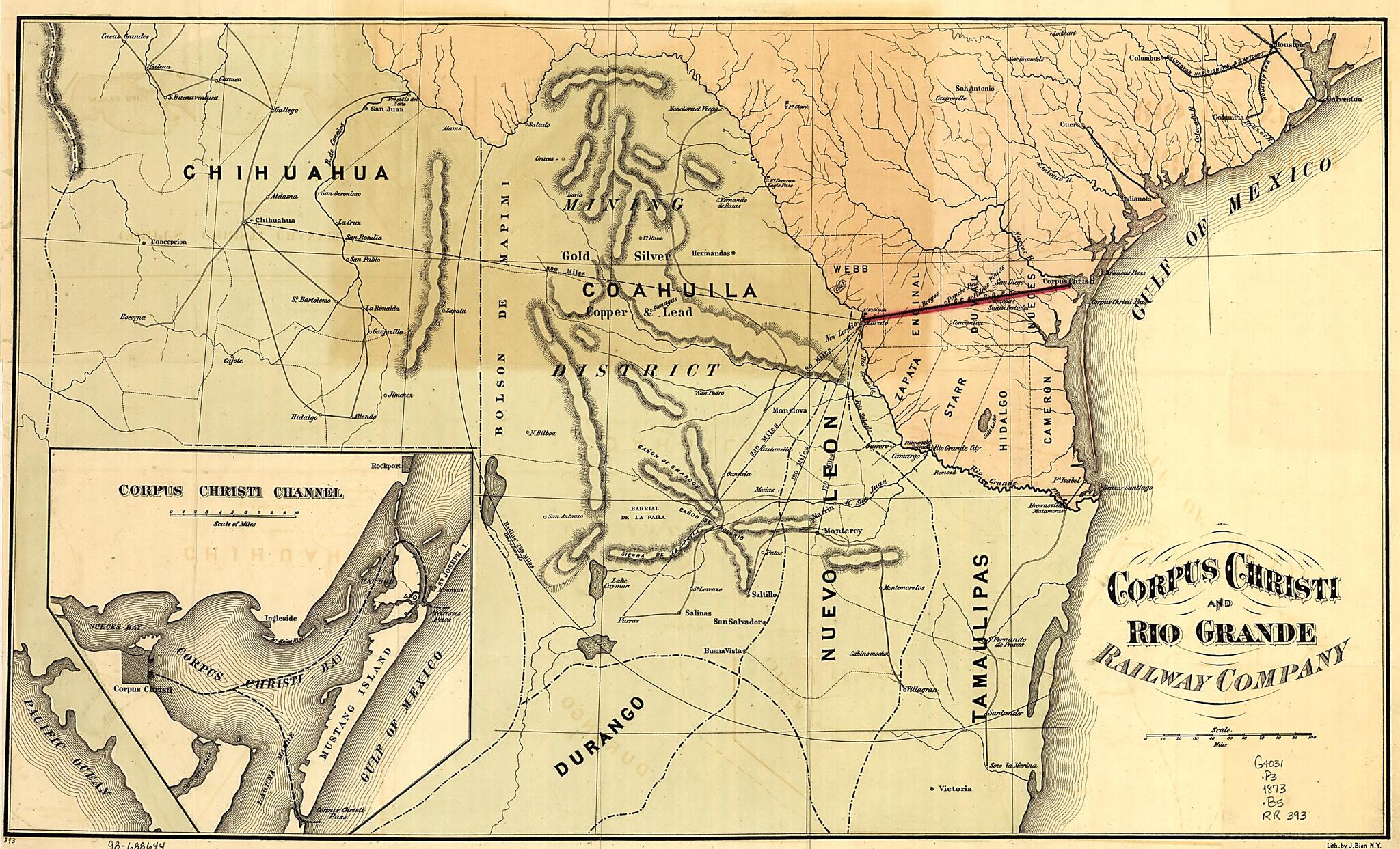 This old map of Corpus Christi and Rio Grande Railway Company, map Showing the Proposed Railroad Between Laredo and Corpus Christi and Its Connections With Mexico from 1873 was created by Julius Bien, Corpus Christi and Rio Grande Railway in 1873