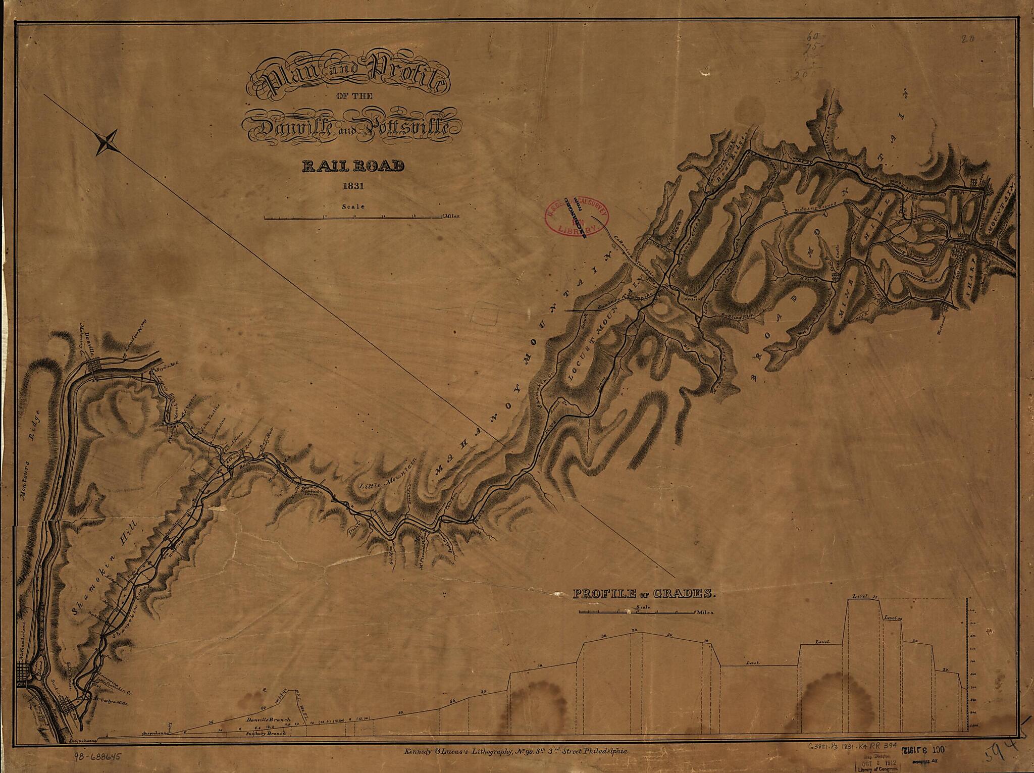This old map of Plan and Profile of the Danville and Pottsville Rail Road from 1831 was created by Danville and Pottsville Rail Road Company, David K. Kennedy, William B. Lucas in 1831