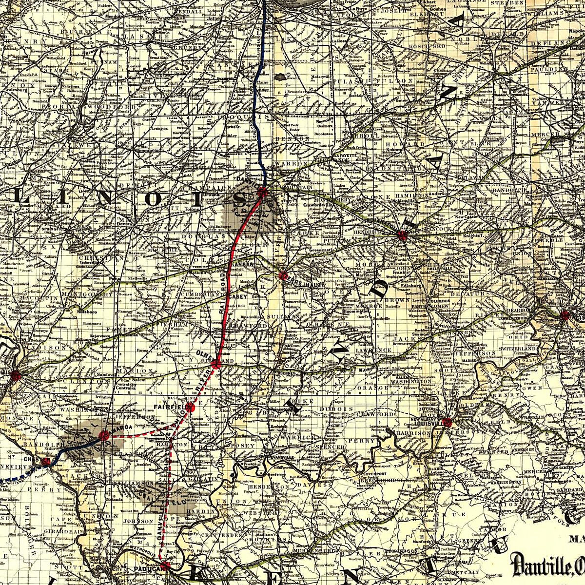 This old map of Map of the Danville, Olney & Ohio River Railroad and Its Connections from 1881 was created by Olney Danville,  G.W. & C.B. Colton & Co in 1881