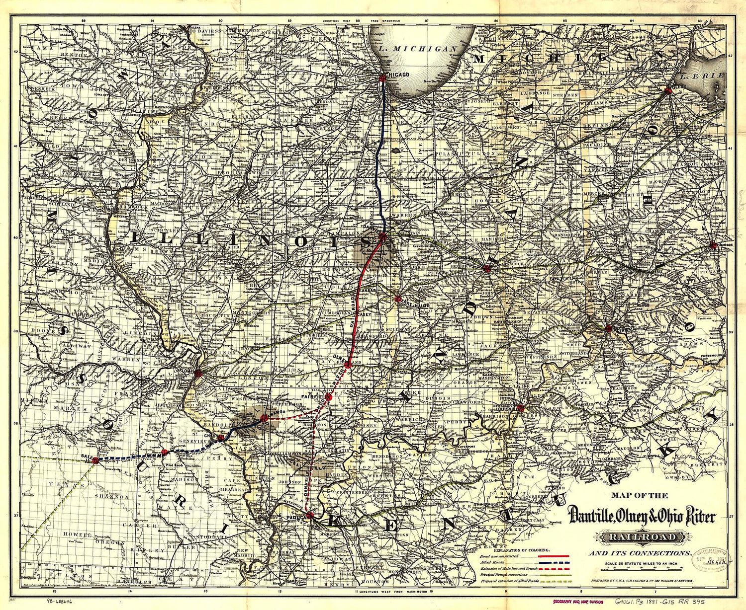 This old map of Map of the Danville, Olney & Ohio River Railroad and Its Connections from 1881 was created by Olney Danville,  G.W. & C.B. Colton & Co in 1881