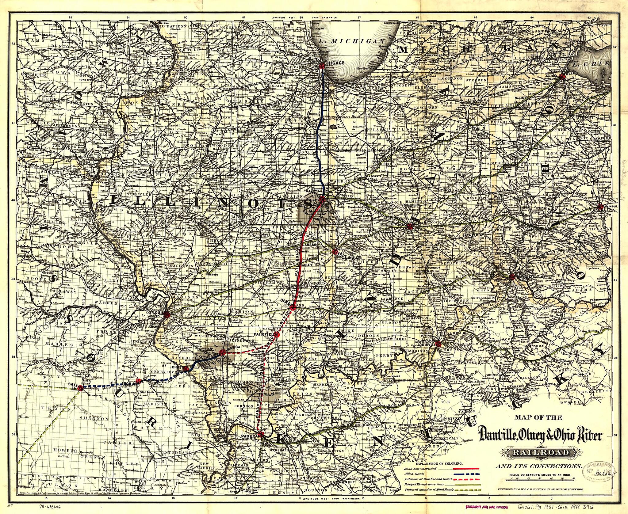 This old map of Map of the Danville, Olney & Ohio River Railroad and Its Connections from 1881 was created by Olney Danville,  G.W. & C.B. Colton & Co in 1881