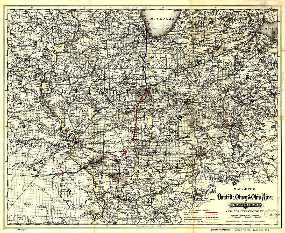 This old map of Map of the Danville, Olney & Ohio River Railroad and Its Connections from 1881 was created by Olney Danville, G.W. & C.B. Colton & Co in 1881