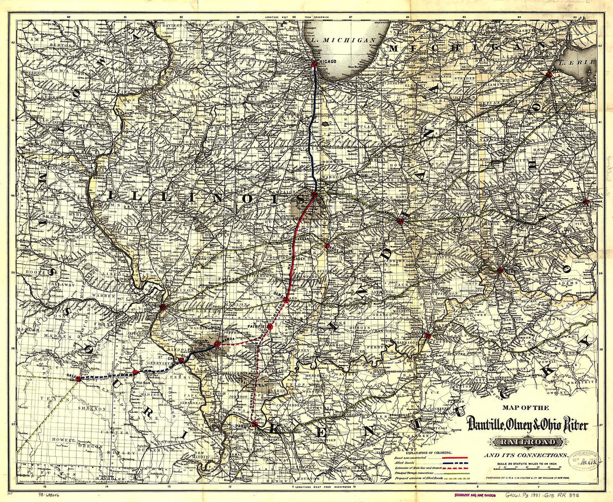 Map of the Danville, Olney & Ohio River Railroad and Its Connections 1881 by Relic Map Company