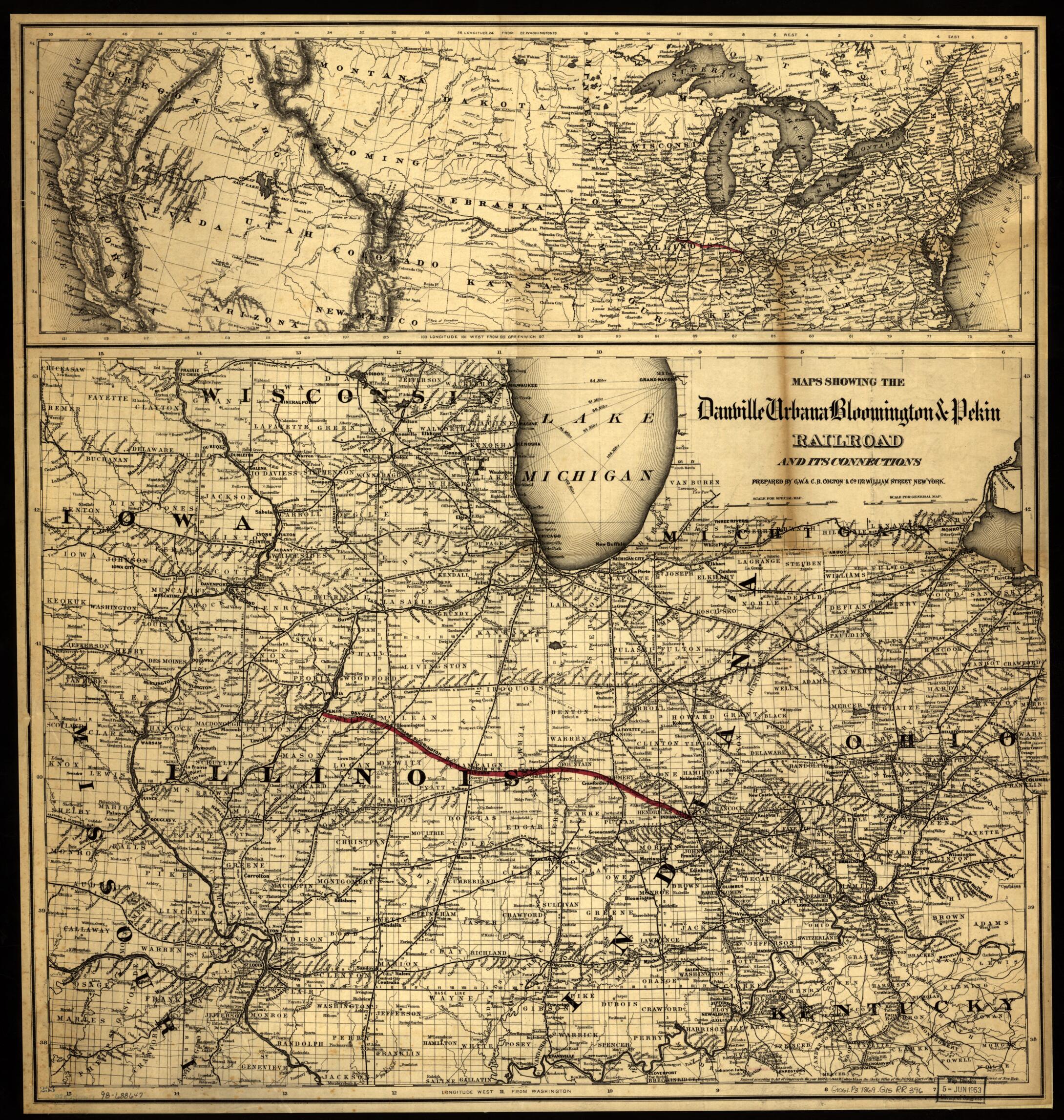 This old map of Maps Showing the Danville, Urbana, Bloomington & Pekin Railroad and Its Connections from 1869 was created by Urbana Danville, G.W. & C.B. Colton & Co in 1869