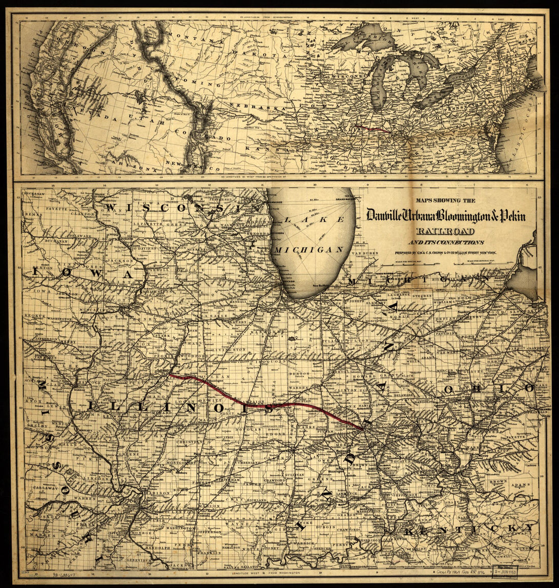 This old map of Maps Showing the Danville, Urbana, Bloomington & Pekin Railroad and Its Connections from 1869 was created by Urbana Danville, G.W. & C.B. Colton & Co in 1869