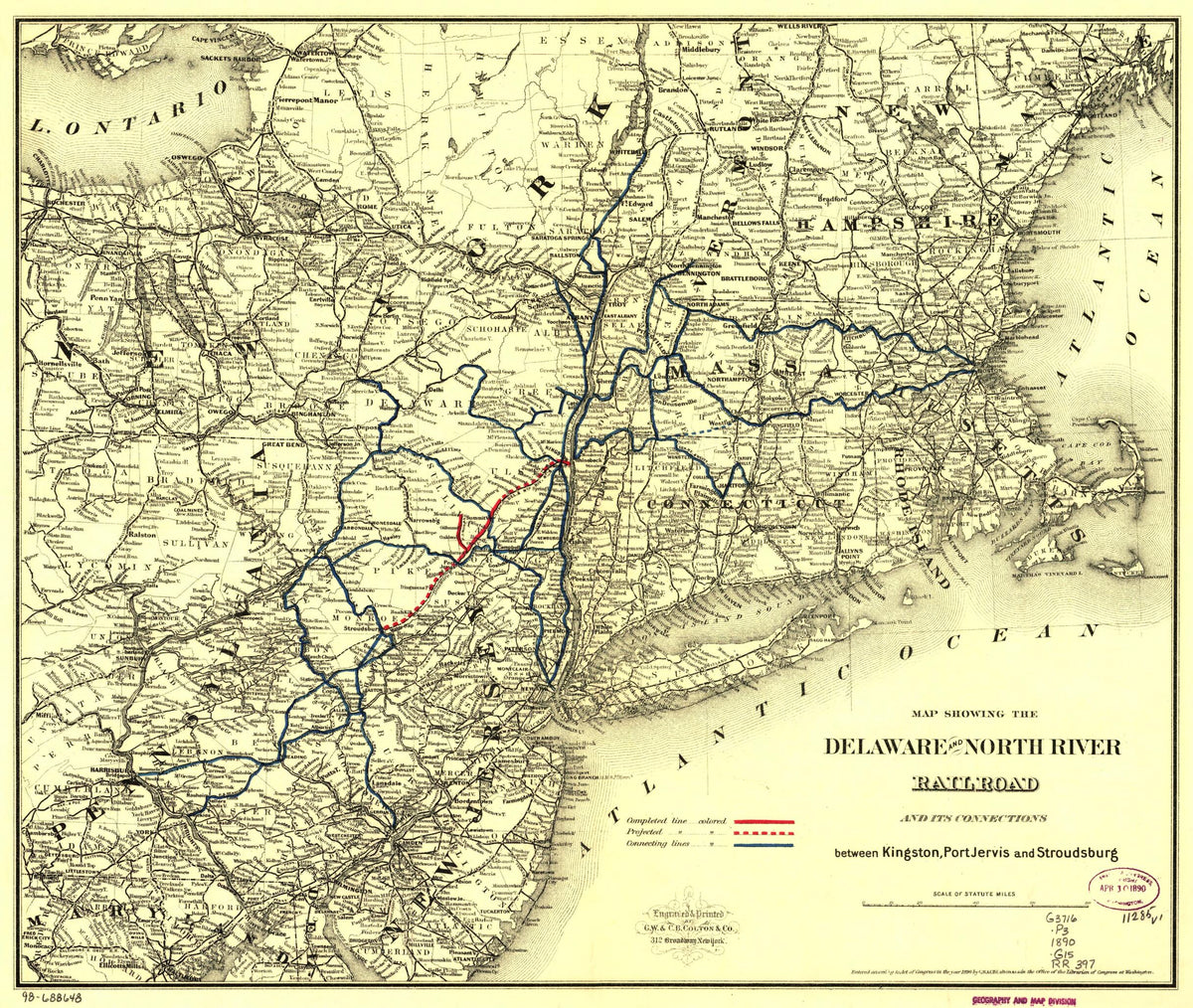 Map Showing the Delaware and North River Railroad and Its Connections Between Kingston, Port Jarvis and Stroudsburg 1890 by Relic Map Company