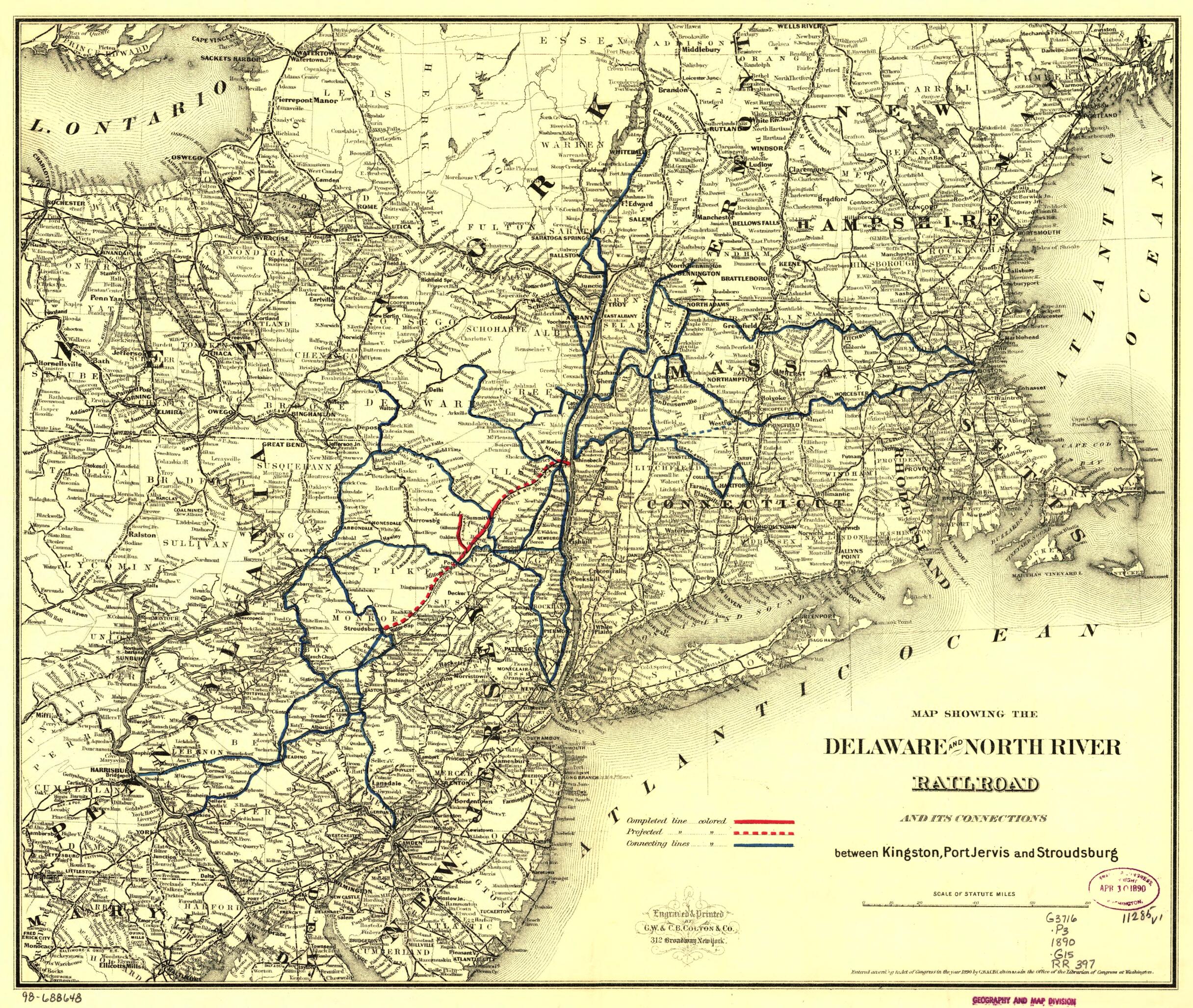 This old map of Map Showing the Delaware and North River Railroad and Its Connections Between Kingston, Port Jarvis and Stroudsburg from 1890 was created by Delaware and North River Railroad, G.W. & C.B. Colton & Co in 1890