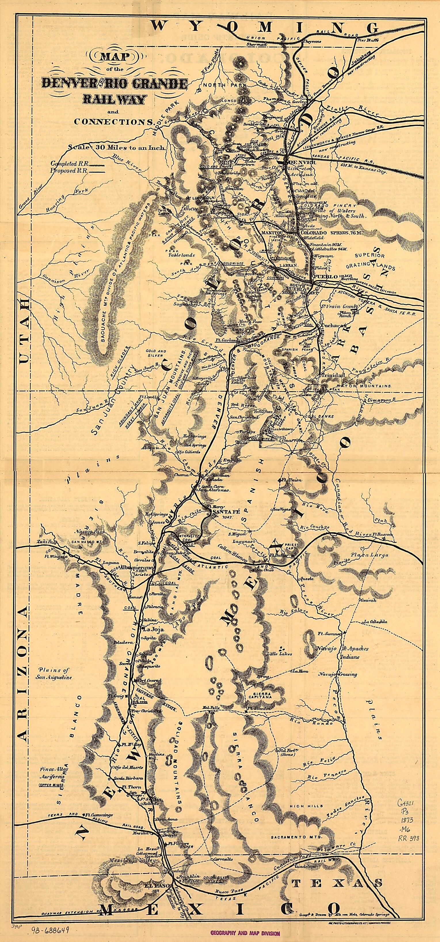 This old map of Map of the Denver and Rio Grande Railway and Connections from 1873 was created by Denver and Rio Grande Railway Company, Albert Von Motz in 1873