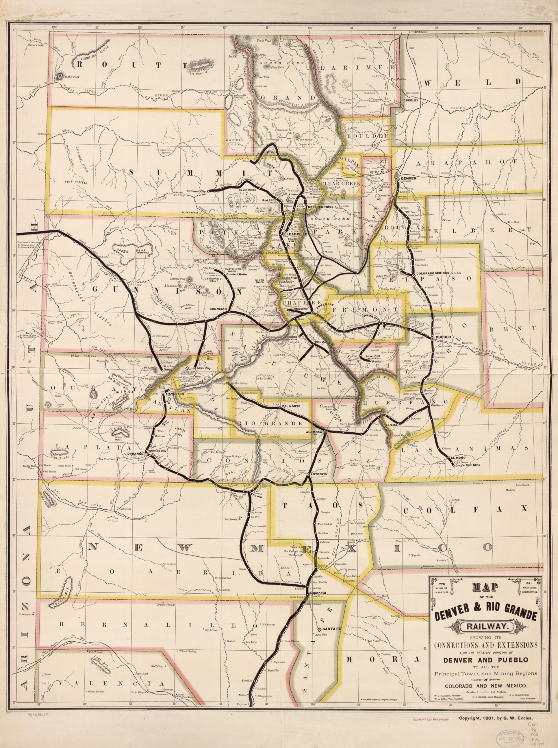 This old map of Map of the Denver & Rio Grande Railway, Showing Its Connections and Extensions Also the Relative Position of Denver and Pueblo to All the Principal Towns and Mining Regions of Colorado and New Mexico from 1881 was created by Denver and R
